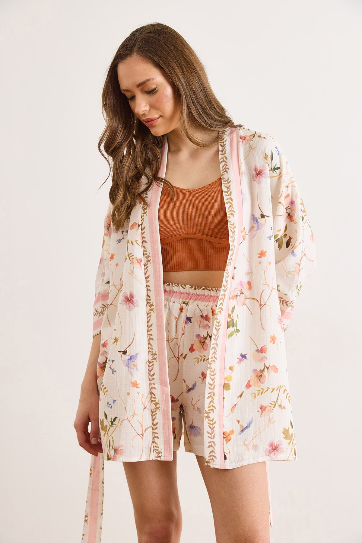 Desenli Müslin Kimono Ekru