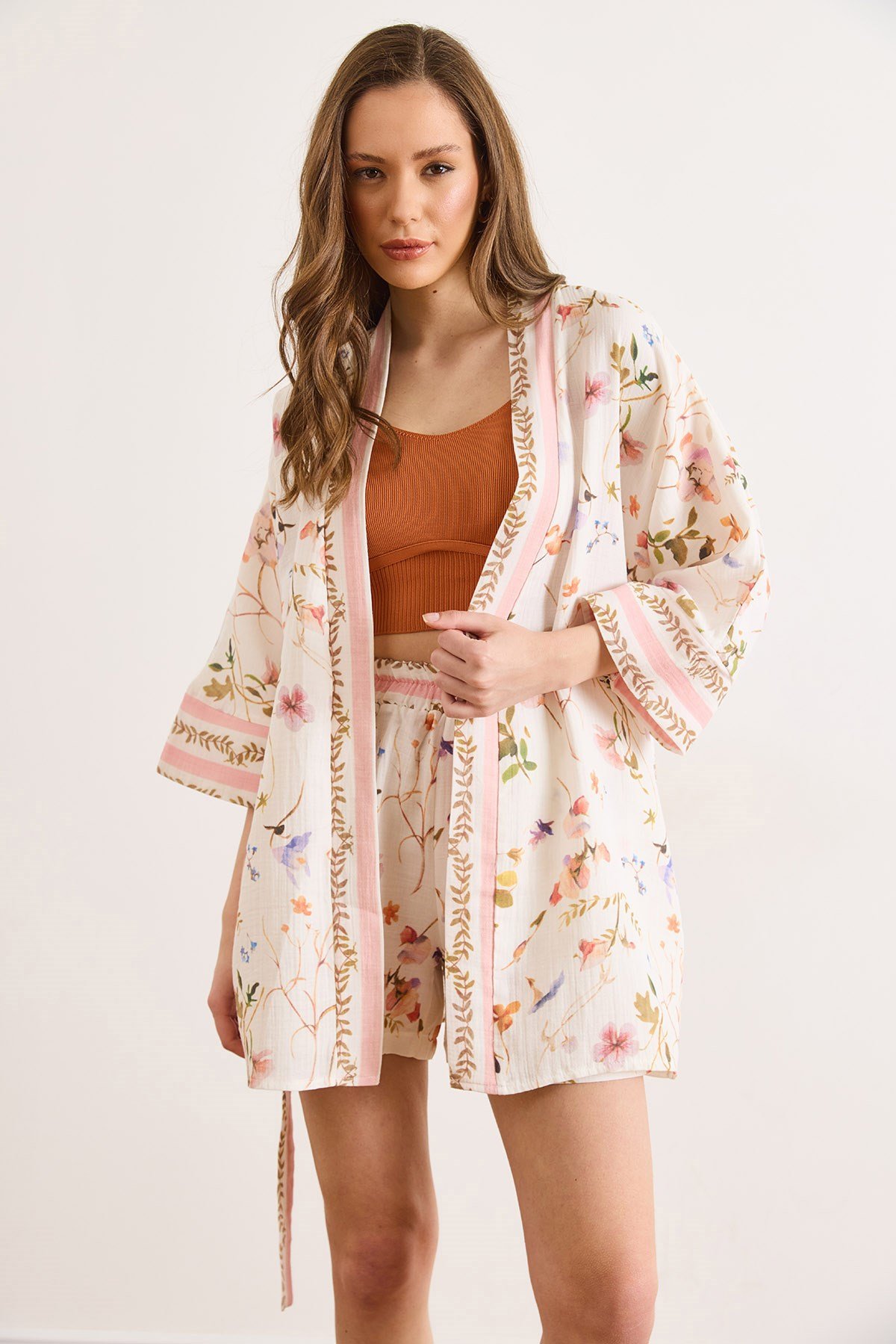 Desenli Müslin Kimono Ekru