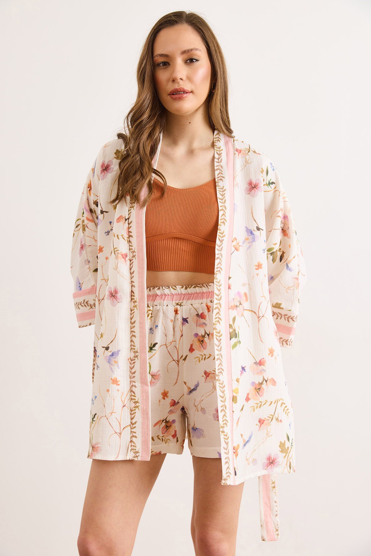 Desenli Müslin Kimono Ekru