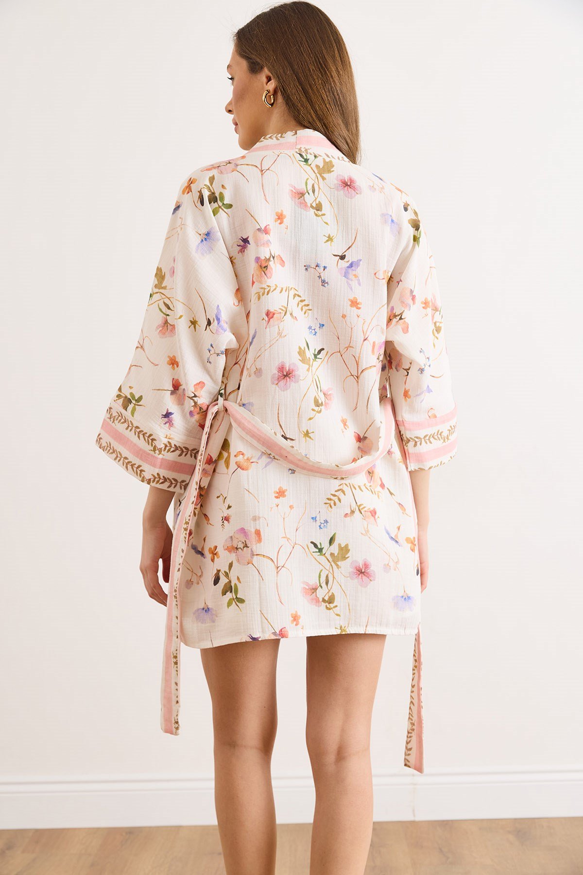Desenli Müslin Kimono Ekru