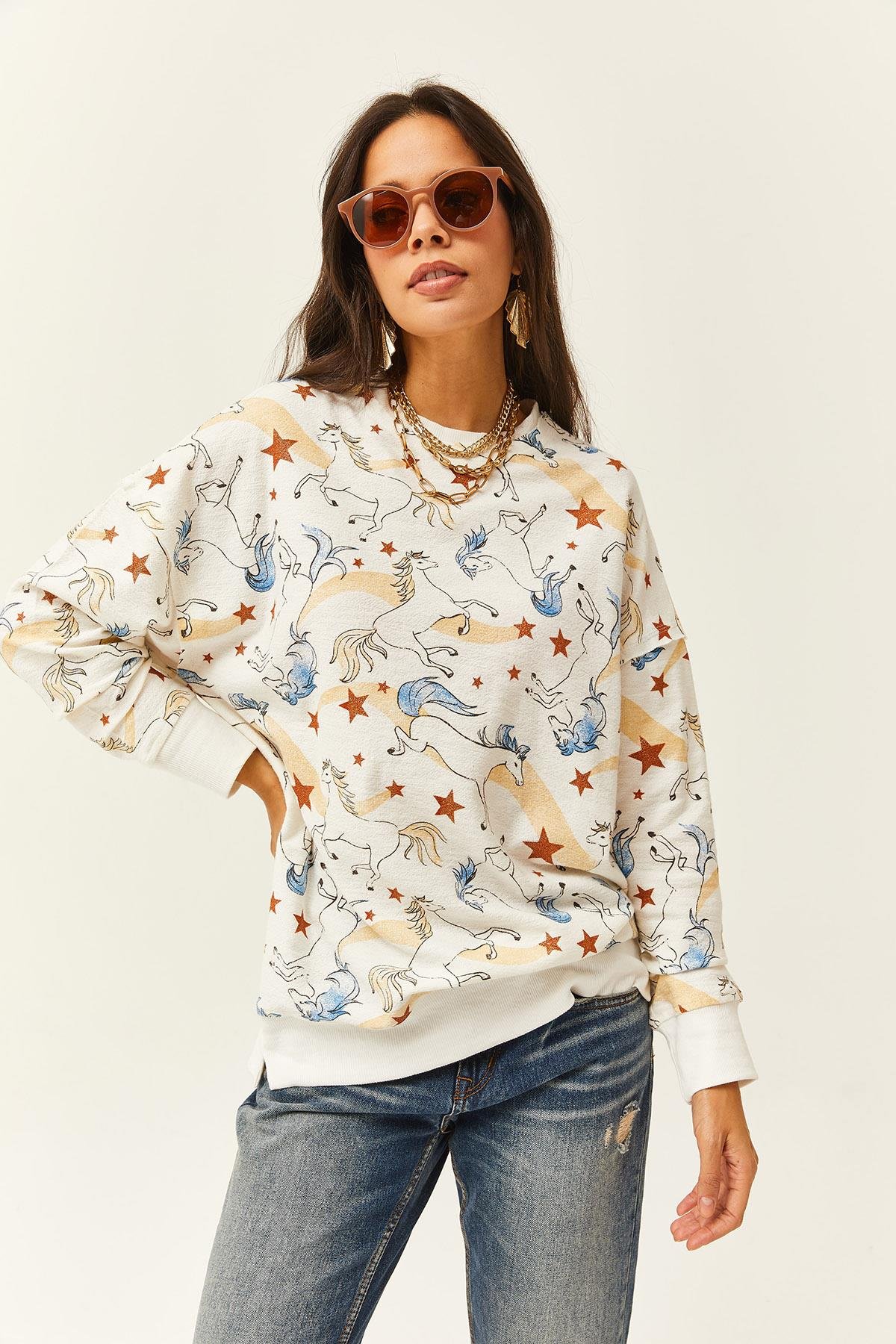 Desenli Oversize Sweatshirt Ekru