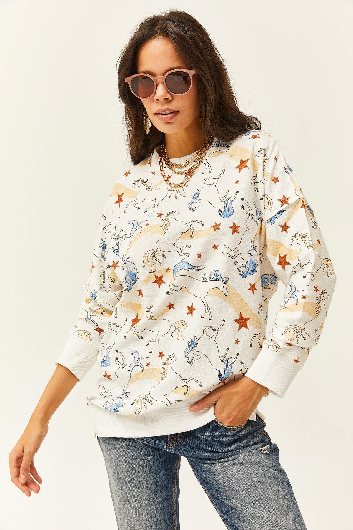 Desenli Oversize Sweatshirt Ekru