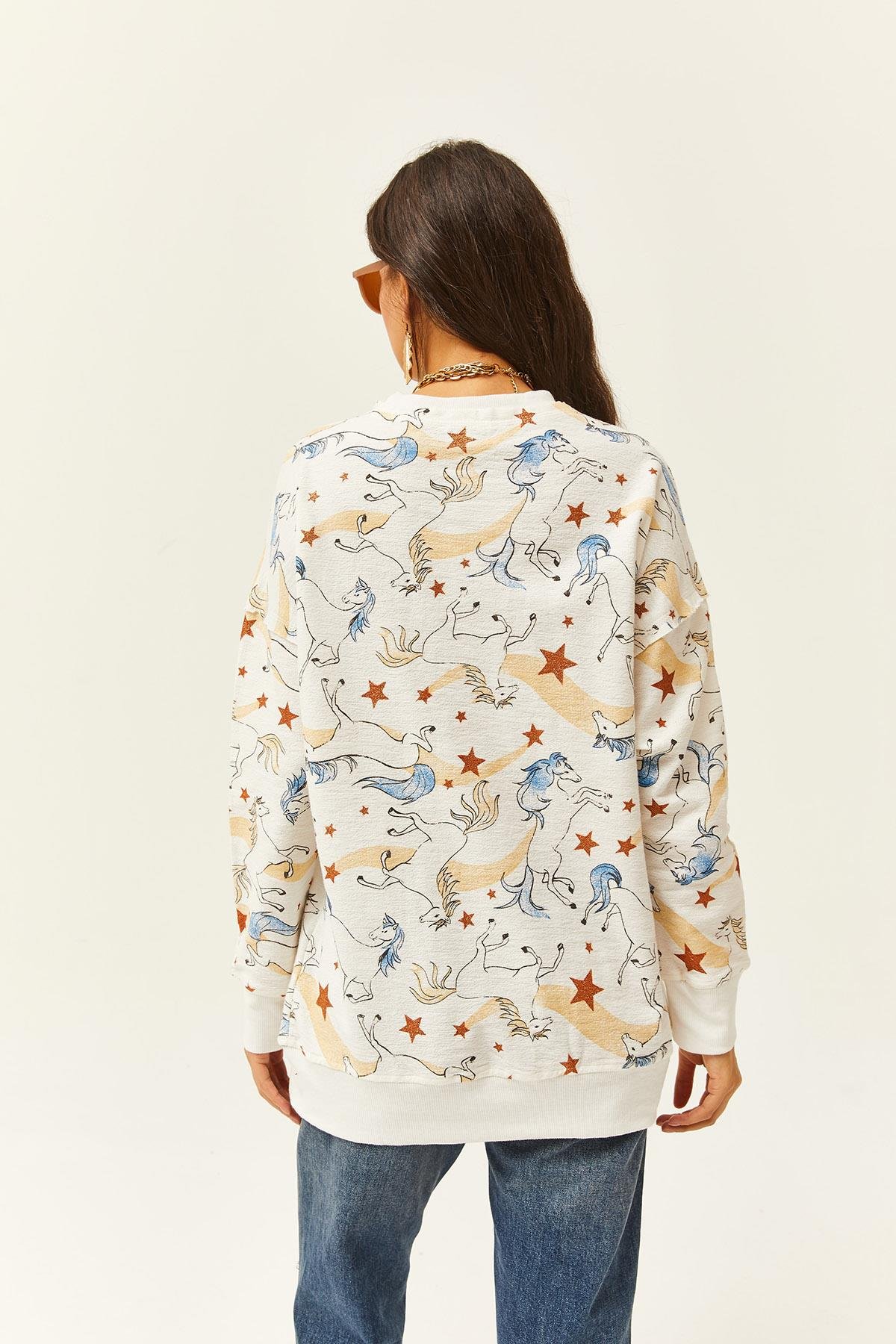 Desenli Oversize Sweatshirt Ekru