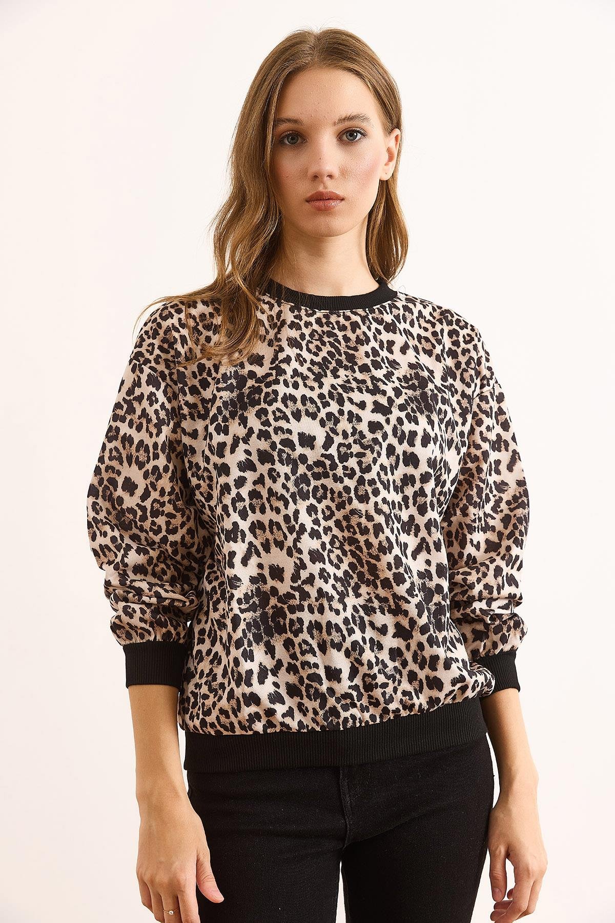 Dijital Leopar Baskılı İnce Sweatshirt Taş