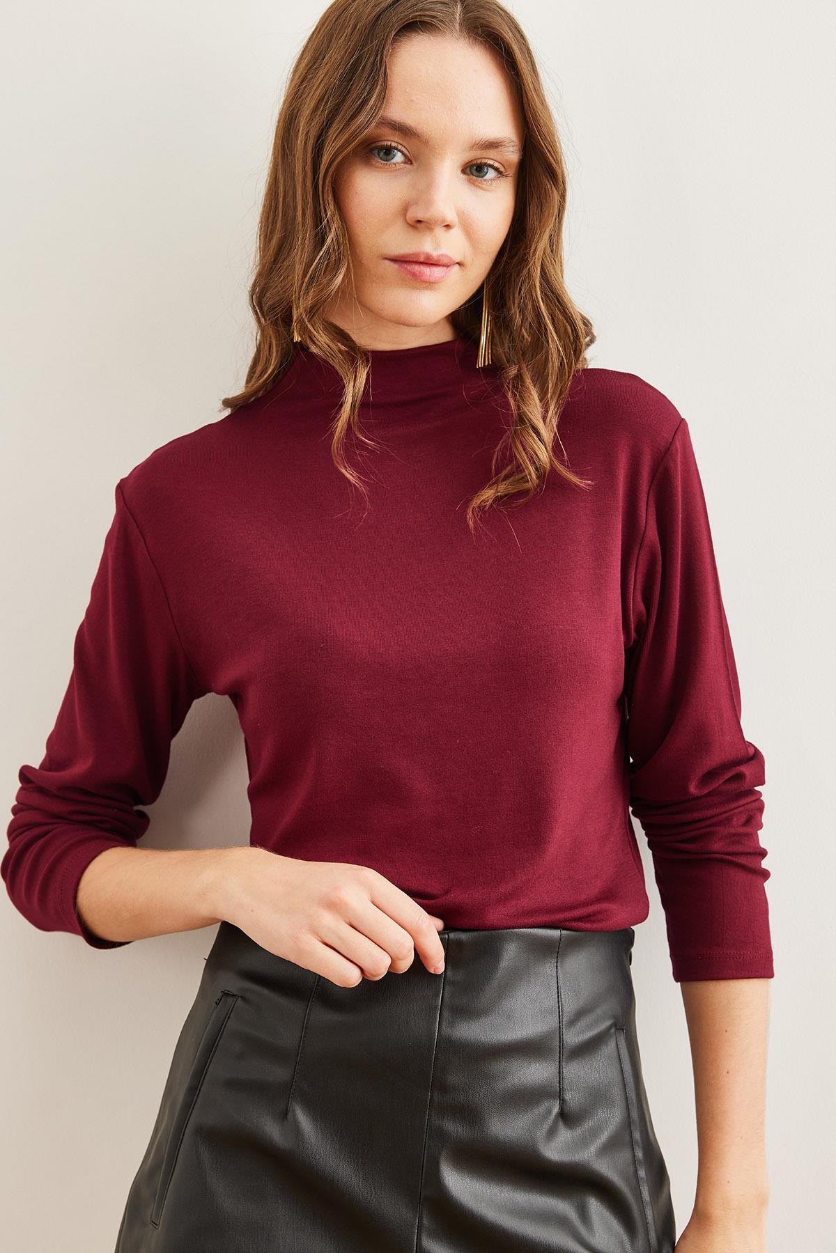 Dik Yaka Dökümlü Soft Touch Bluz Bordo