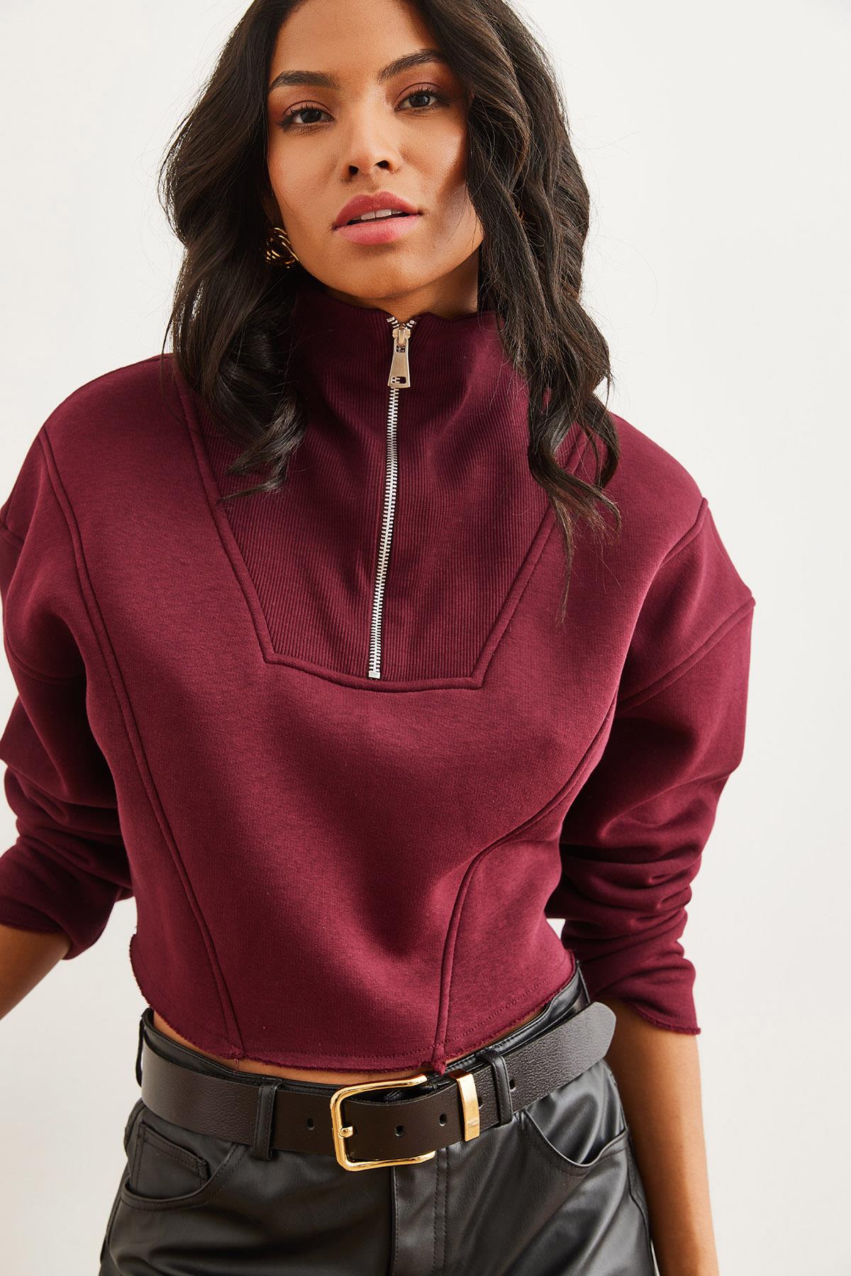 Dik Yaka Fermuarlı Şardonlu Crop Kalın Sweatshirt Bordo