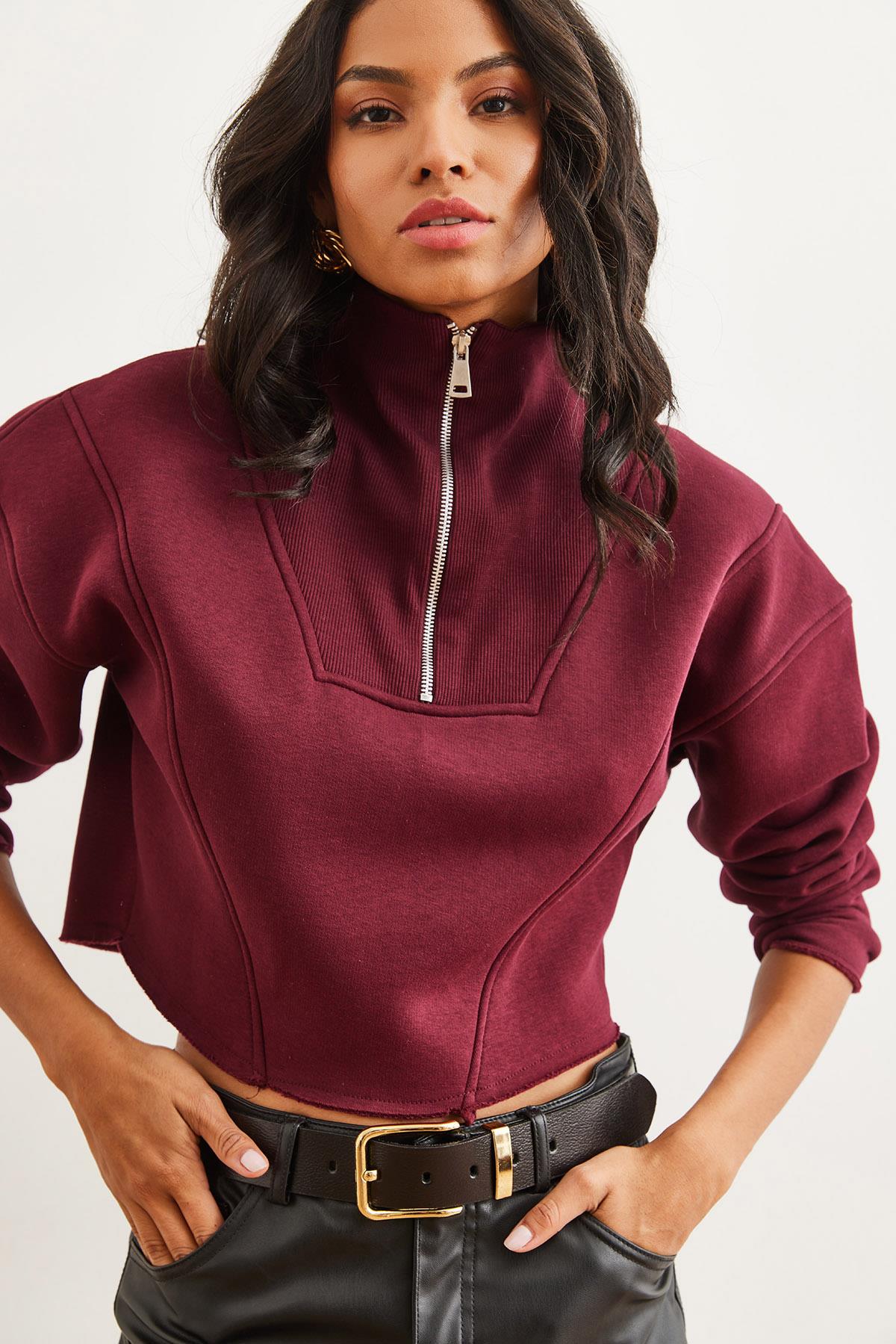 Dik Yaka Fermuarlı Şardonlu Crop Kalın Sweatshirt Bordo