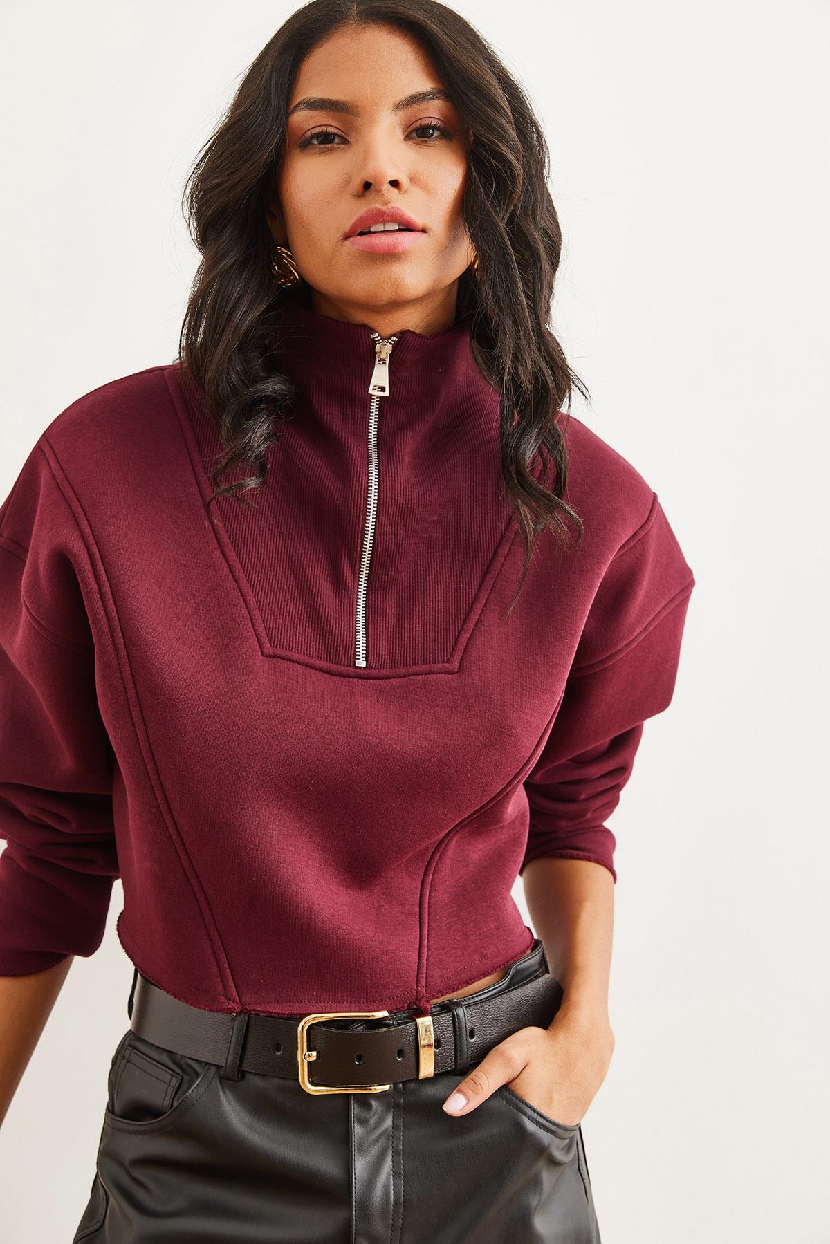 Dik Yaka Fermuarlı Şardonlu Crop Kalın Sweatshirt Bordo