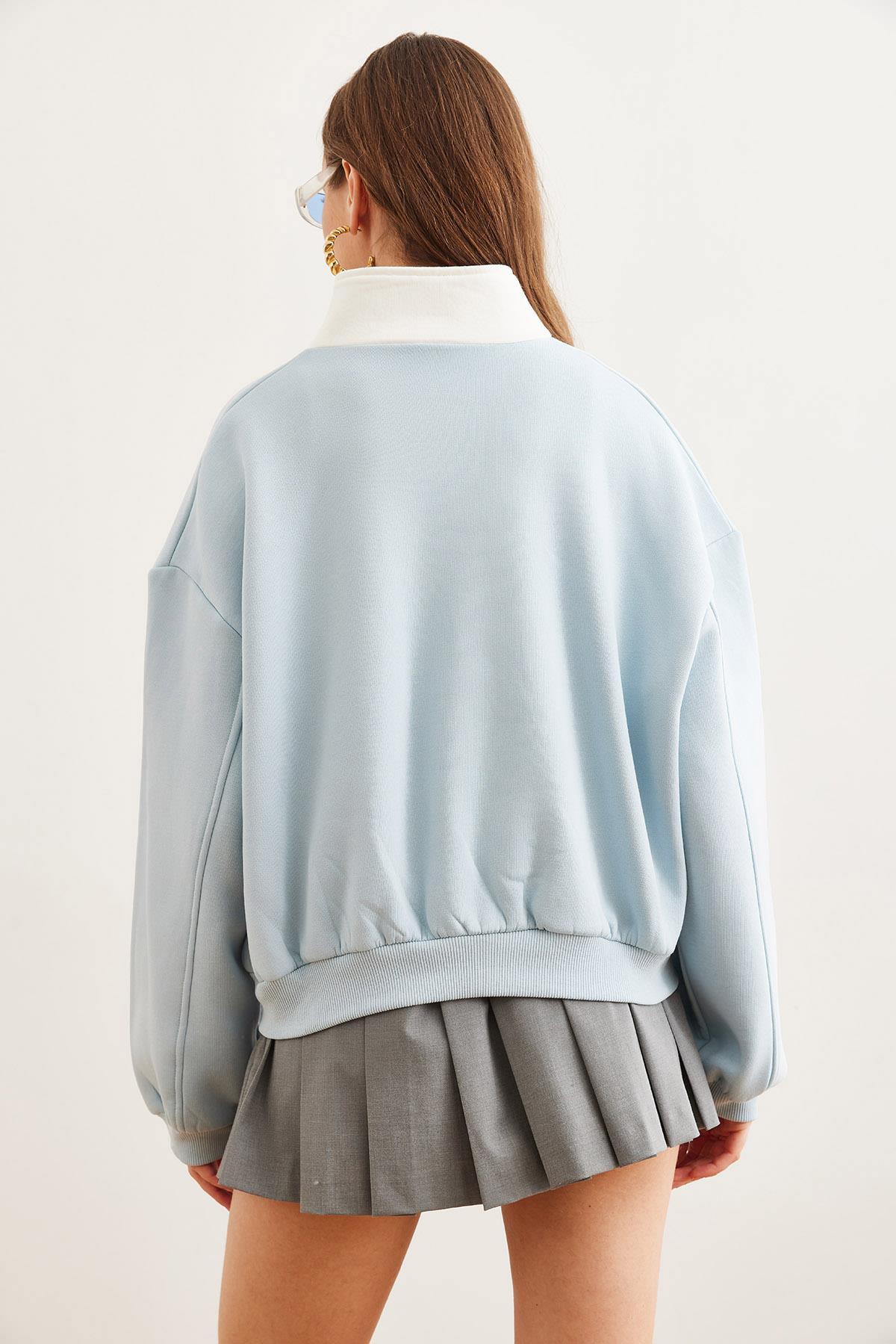 Dik Yaka Fermuarlı Şardonlu Salaş Sweatshirt Bebe Mavi