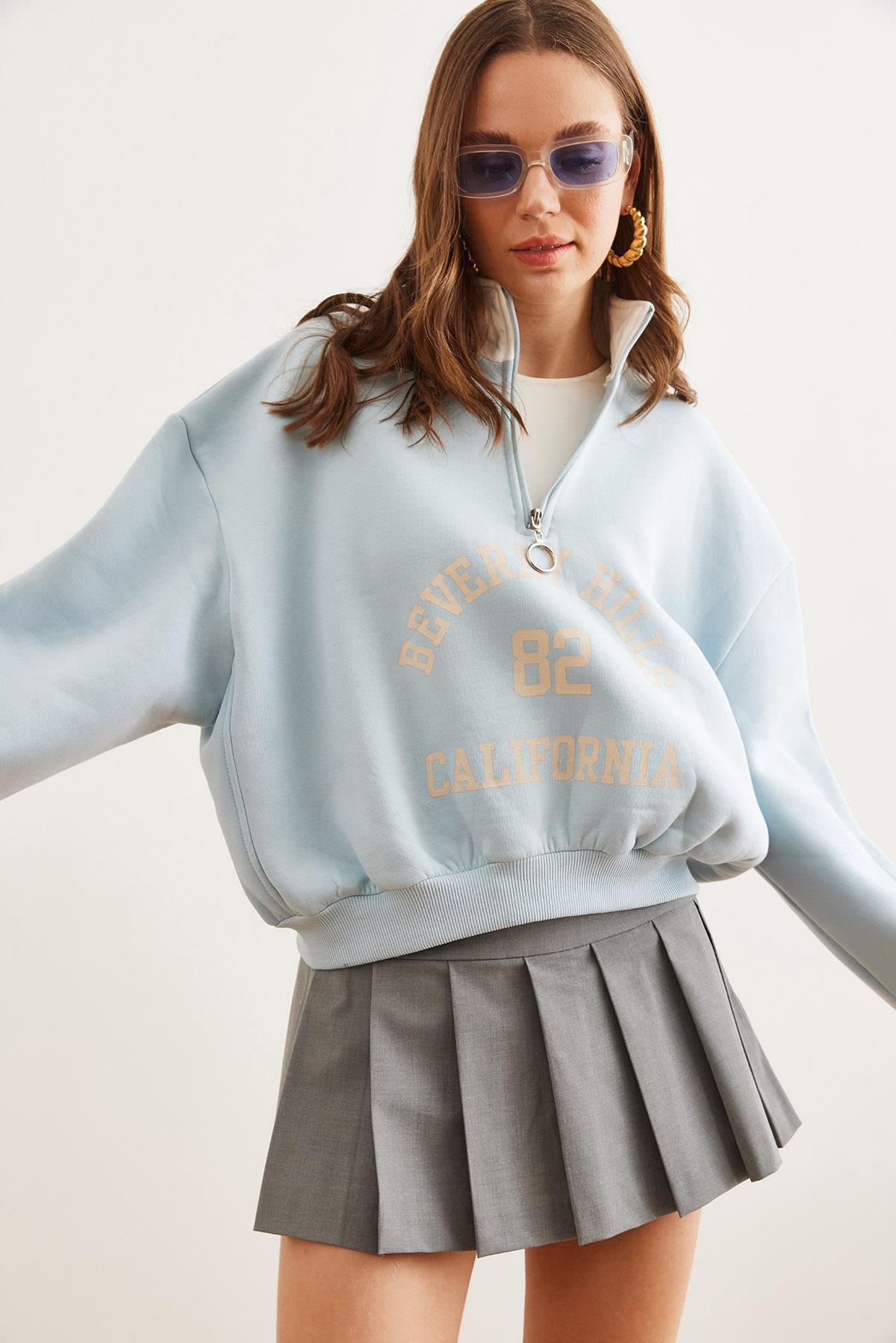 Dik Yaka Fermuarlı Şardonlu Salaş Sweatshirt Bebe Mavi