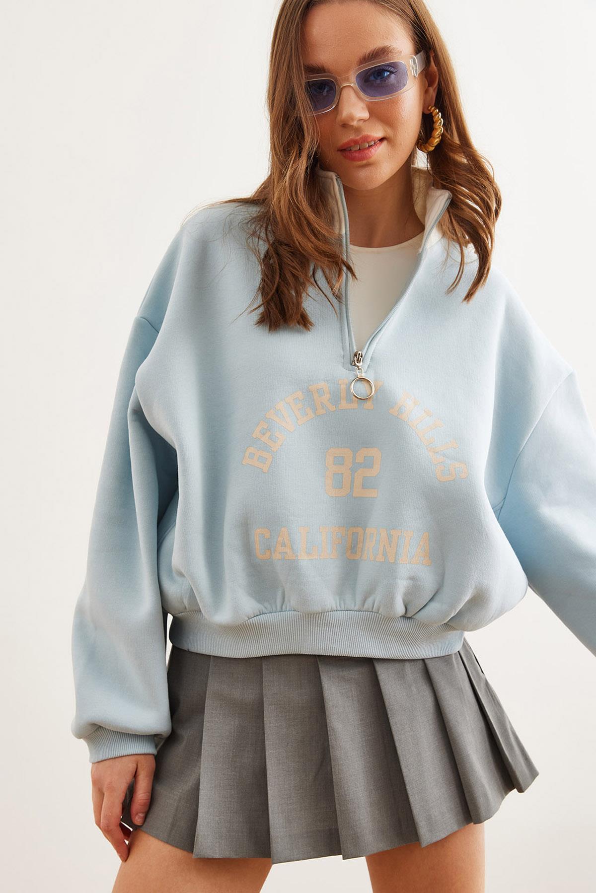 Dik Yaka Fermuarlı Şardonlu Salaş Sweatshirt Bebe Mavi
