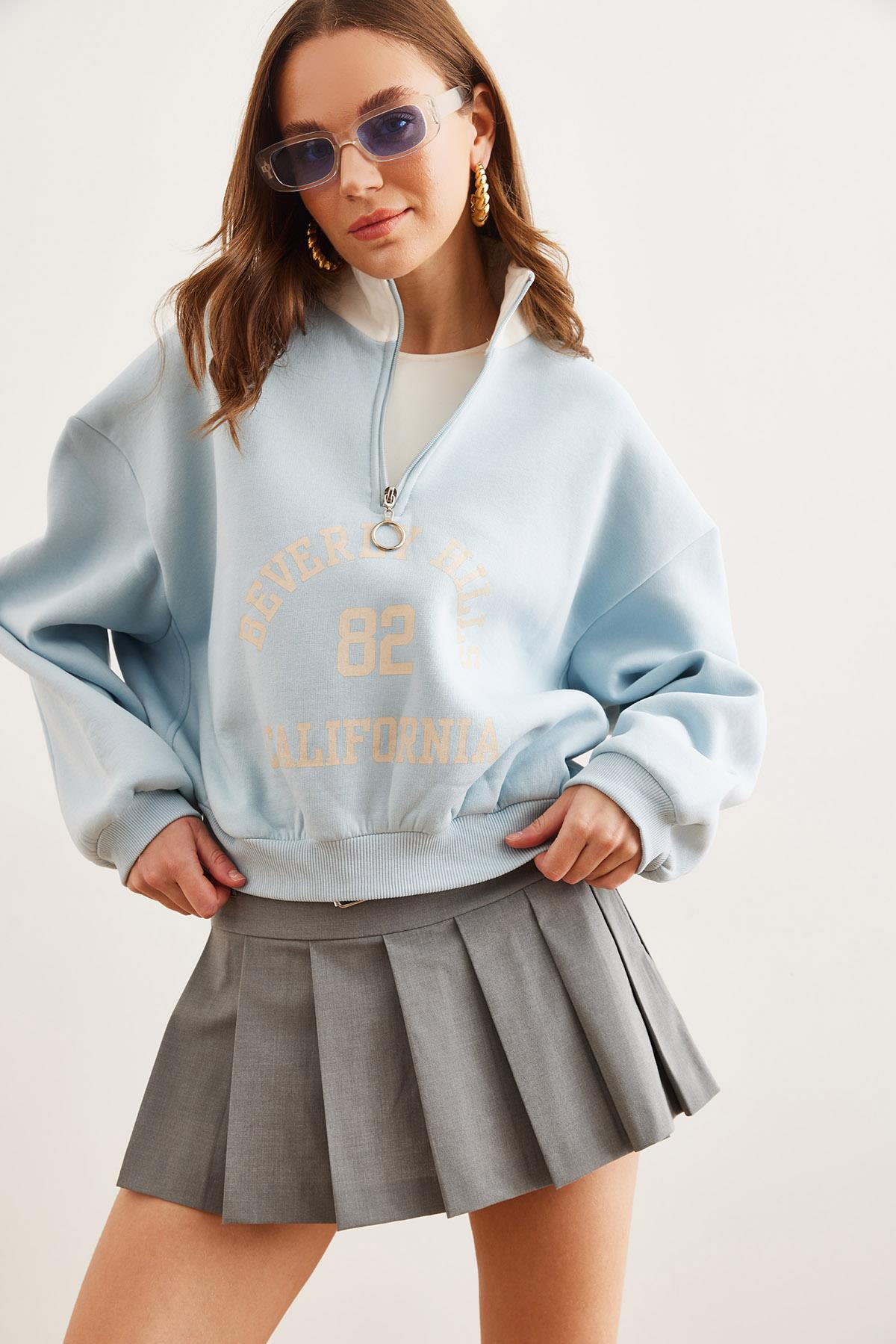 Dik Yaka Fermuarlı Şardonlu Salaş Sweatshirt Bebe Mavi