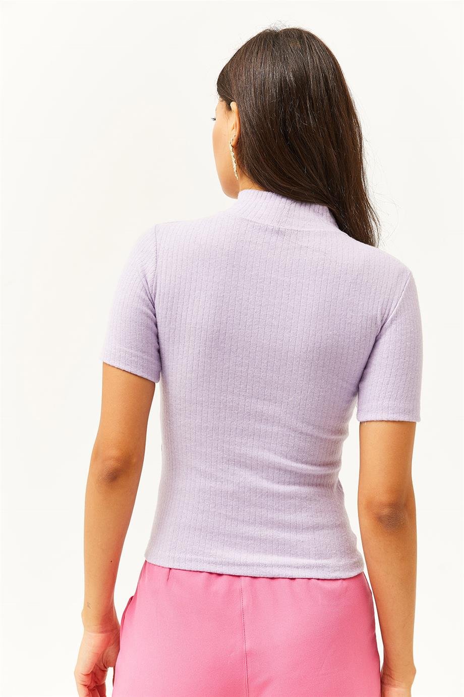 Dik Yaka Kalın Fitilli Likralı Crop Bluz Lila