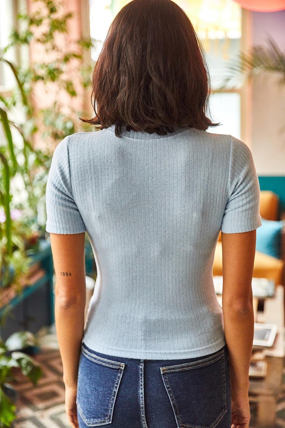 Dik Yaka Kalın Fitilli Likralı Crop Bluz Bebe Mavi