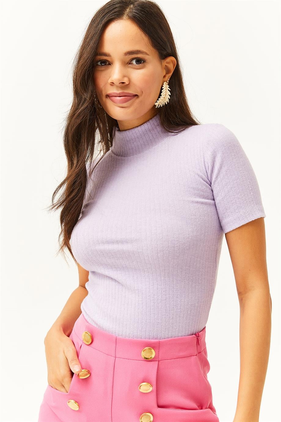 Dik Yaka Kalın Fitilli Likralı Crop Bluz Lila