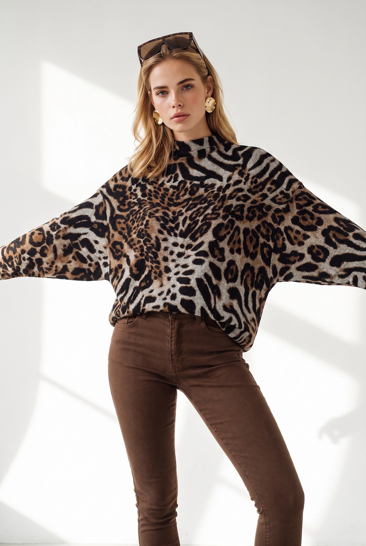 Dik Yaka Loose Fit Yumoş Bluz Bej Leopar