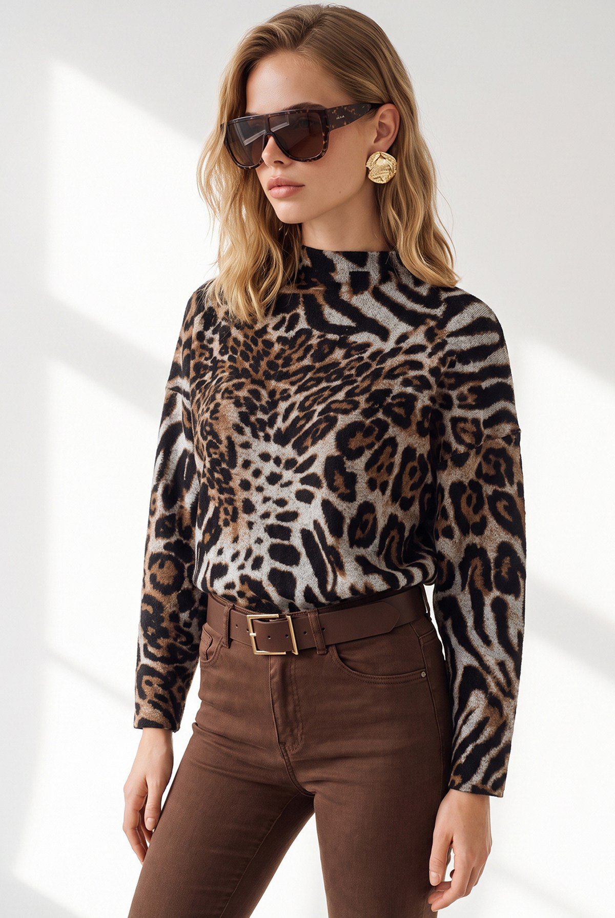 Dik Yaka Loose Fit Yumoş Bluz Bej Leopar