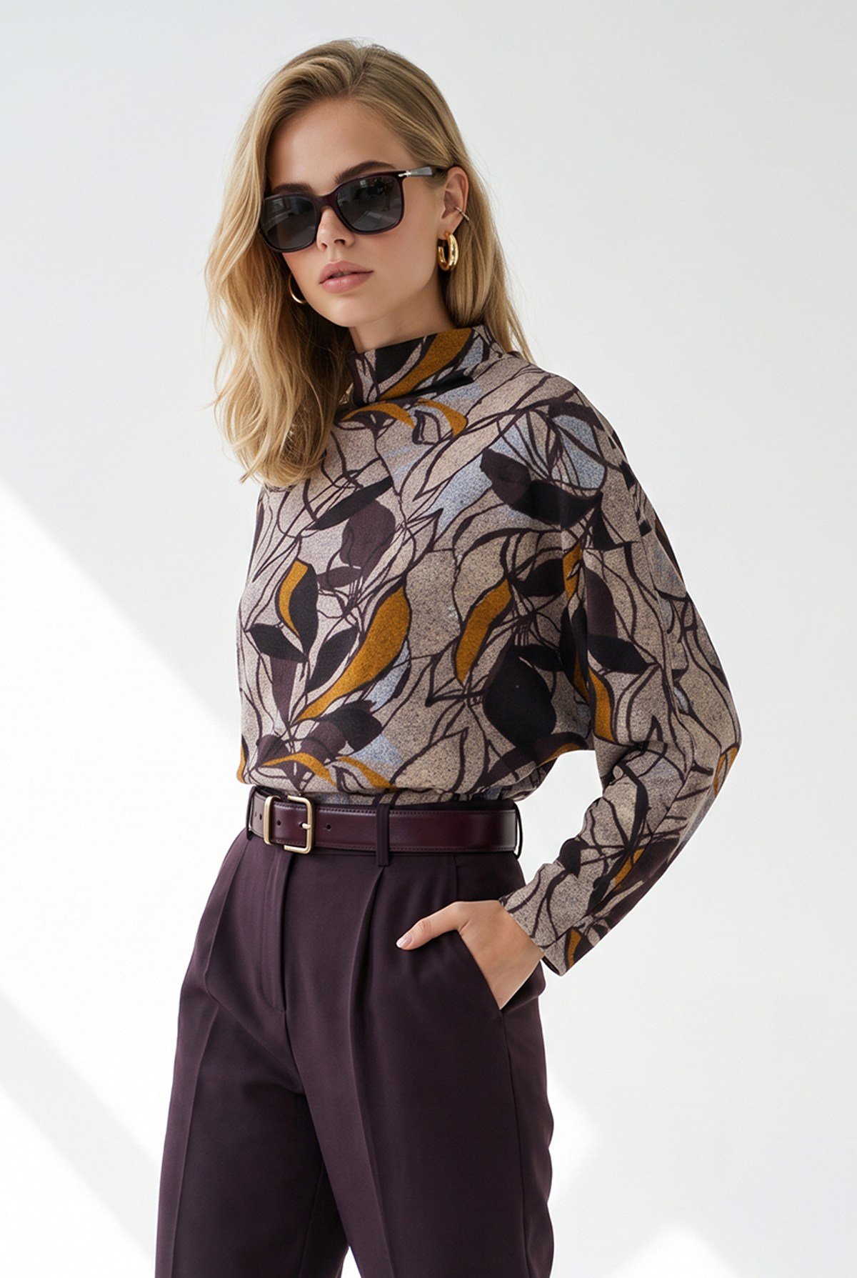 Dik Yaka Loose Fit Yumoş Bluz Bej Yaprak