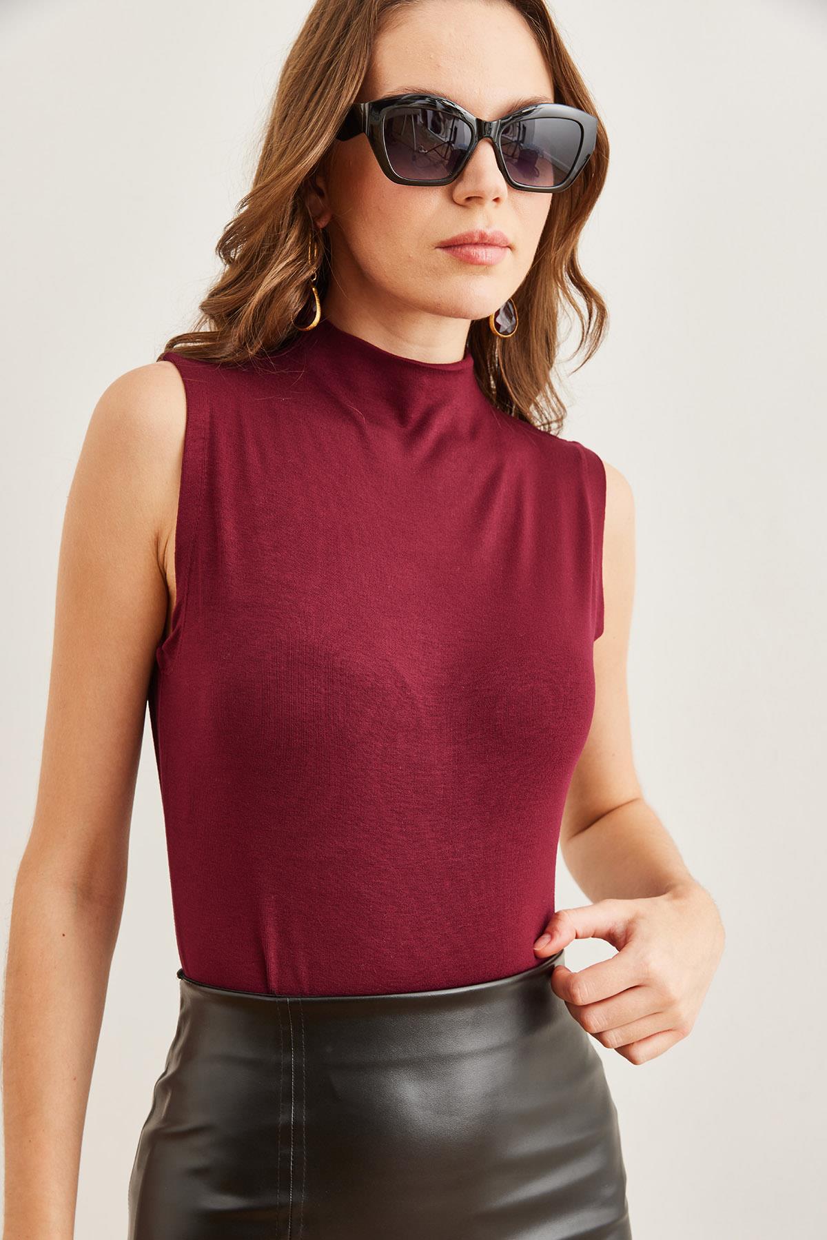 Dik Yaka Soft Touch Esnek Bluz Bordo