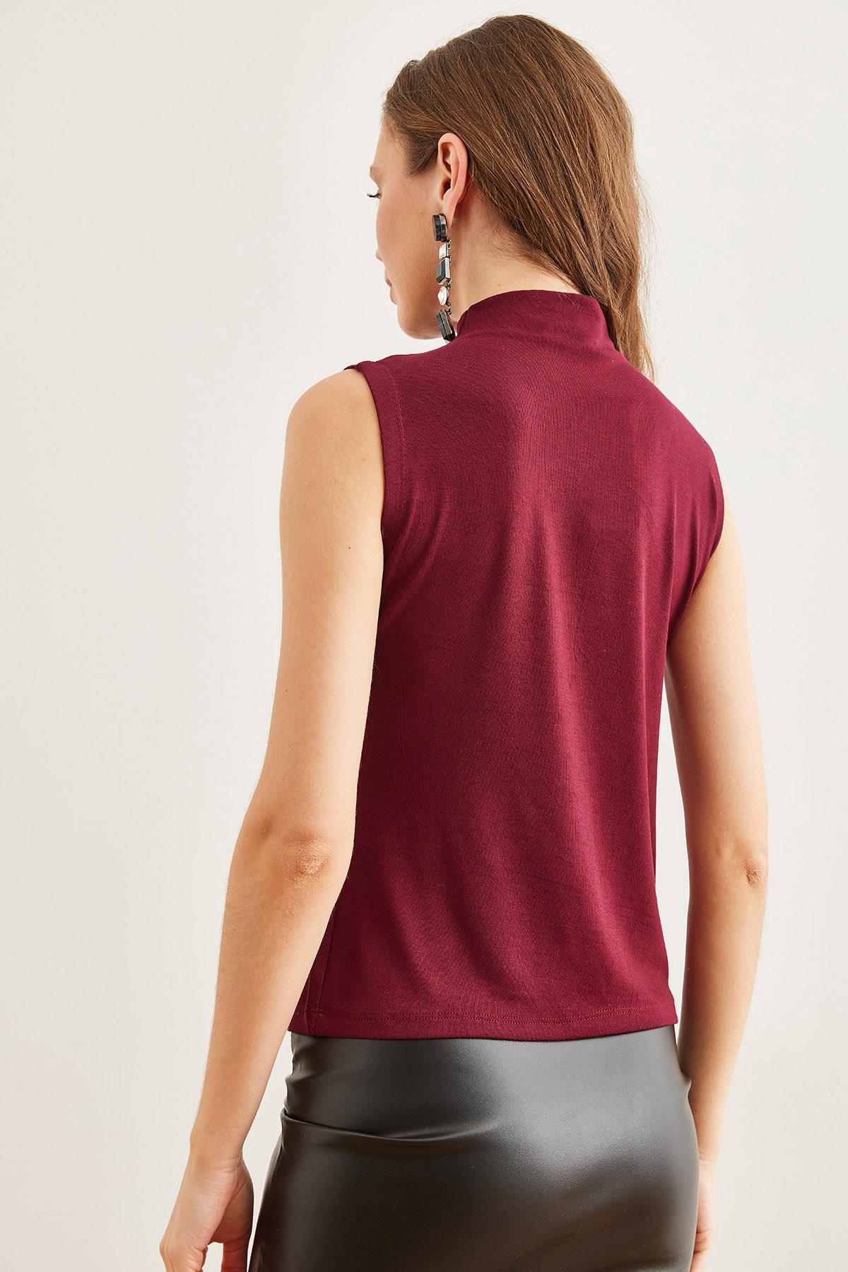 Dik Yaka Soft Touch Esnek Bluz Bordo