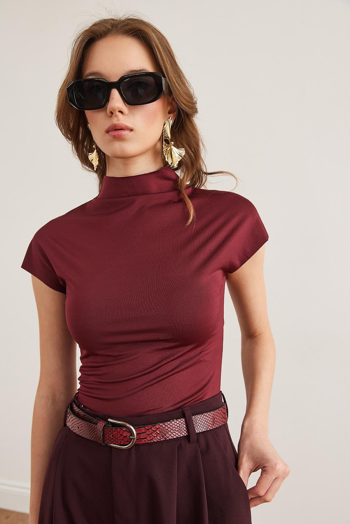 Dik Yaka Yarasa Crop Micro Bluz Bordo