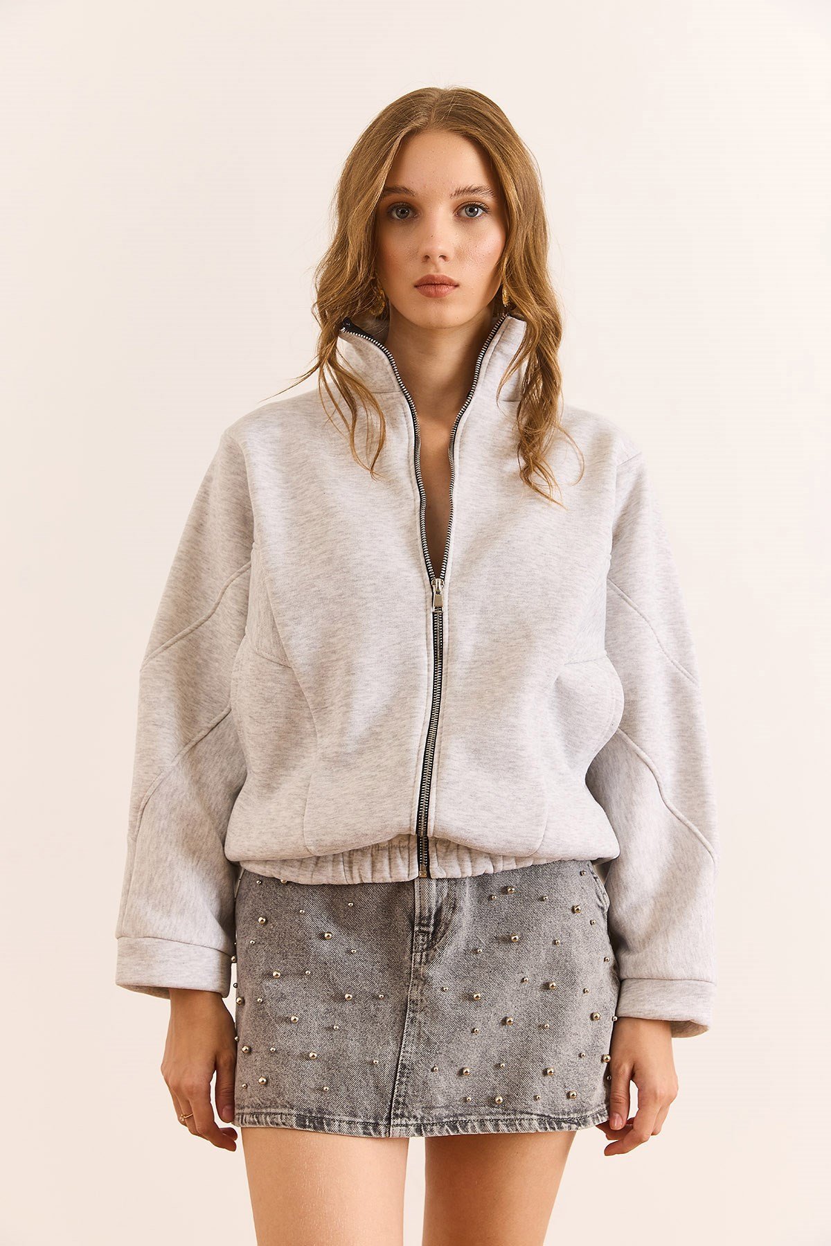 Dikiş Detaylı Cepli Şardonlu Oversize Sweatshirt Gri Melanj