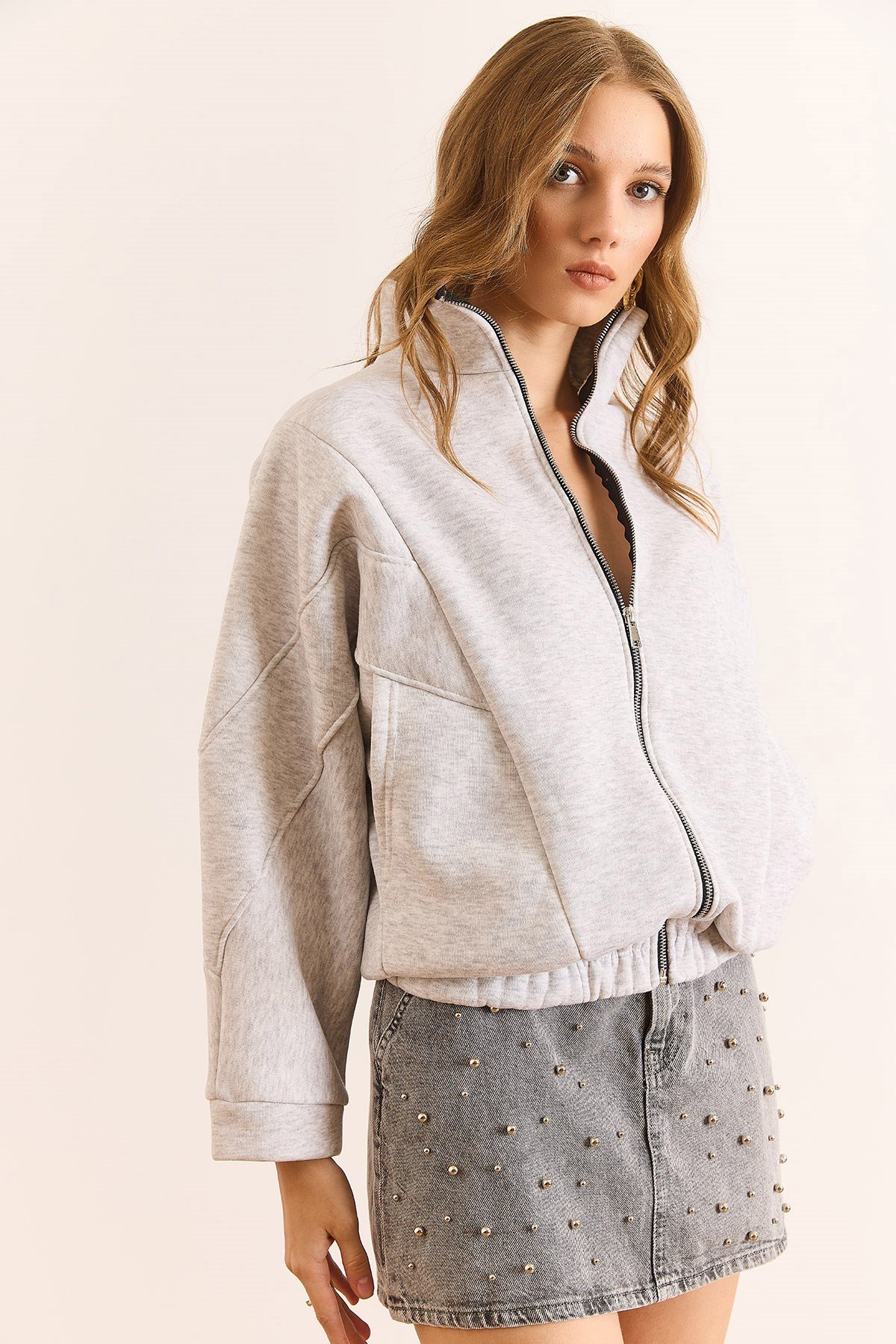 Dikiş Detaylı Cepli Şardonlu Oversize Sweatshirt Gri Melanj