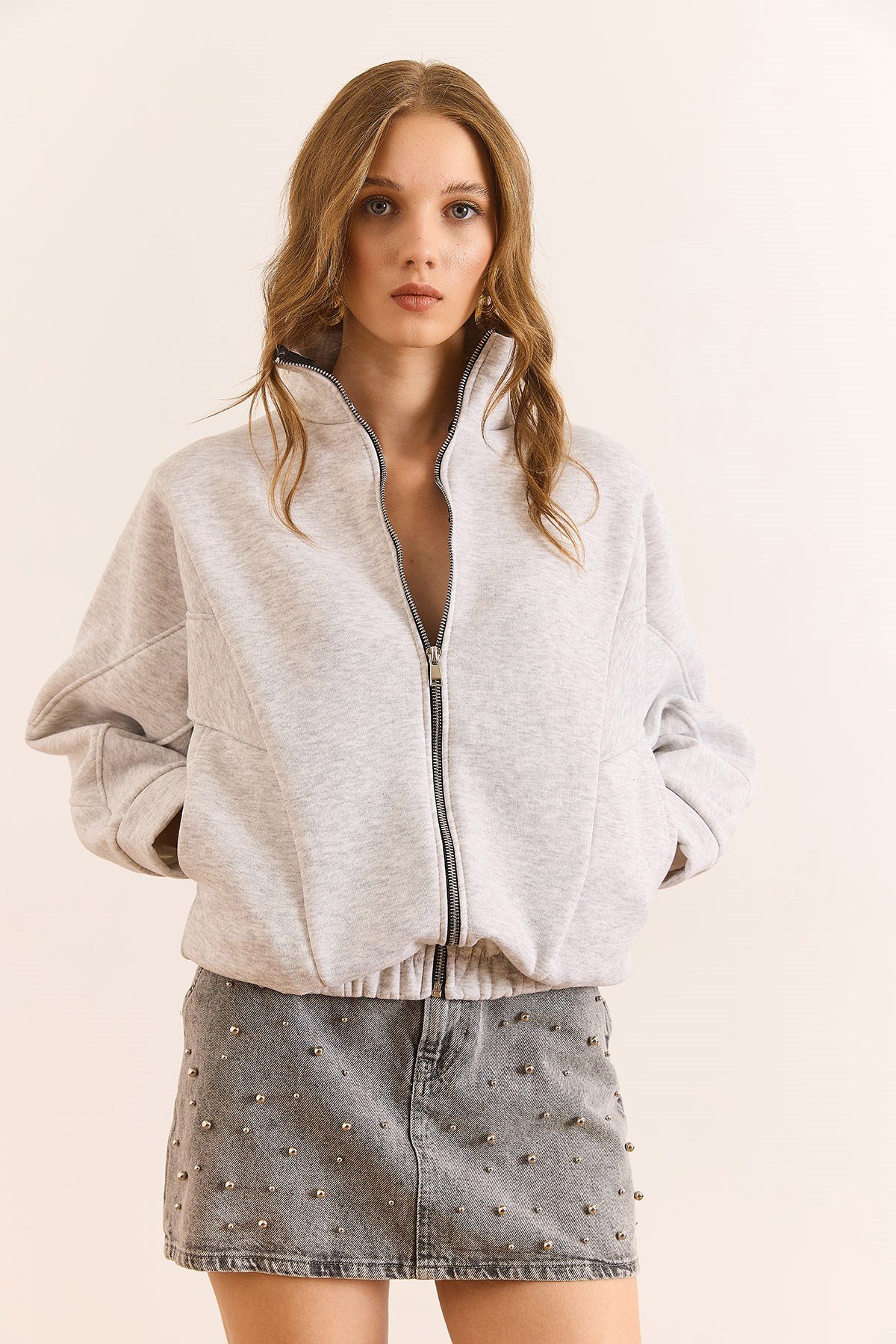 Dikiş Detaylı Cepli Şardonlu Oversize Sweatshirt Gri Melanj