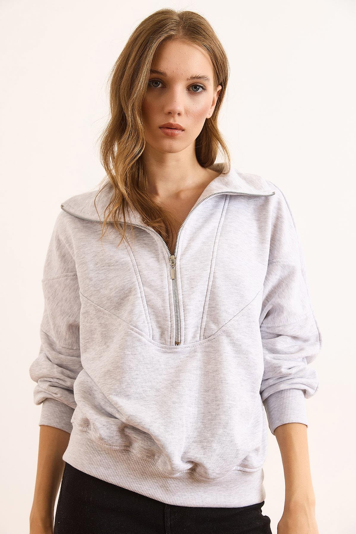 Dikiş Detaylı Fermuarlı Şardonsuz Kalın Sweatshirt Gri Melanj