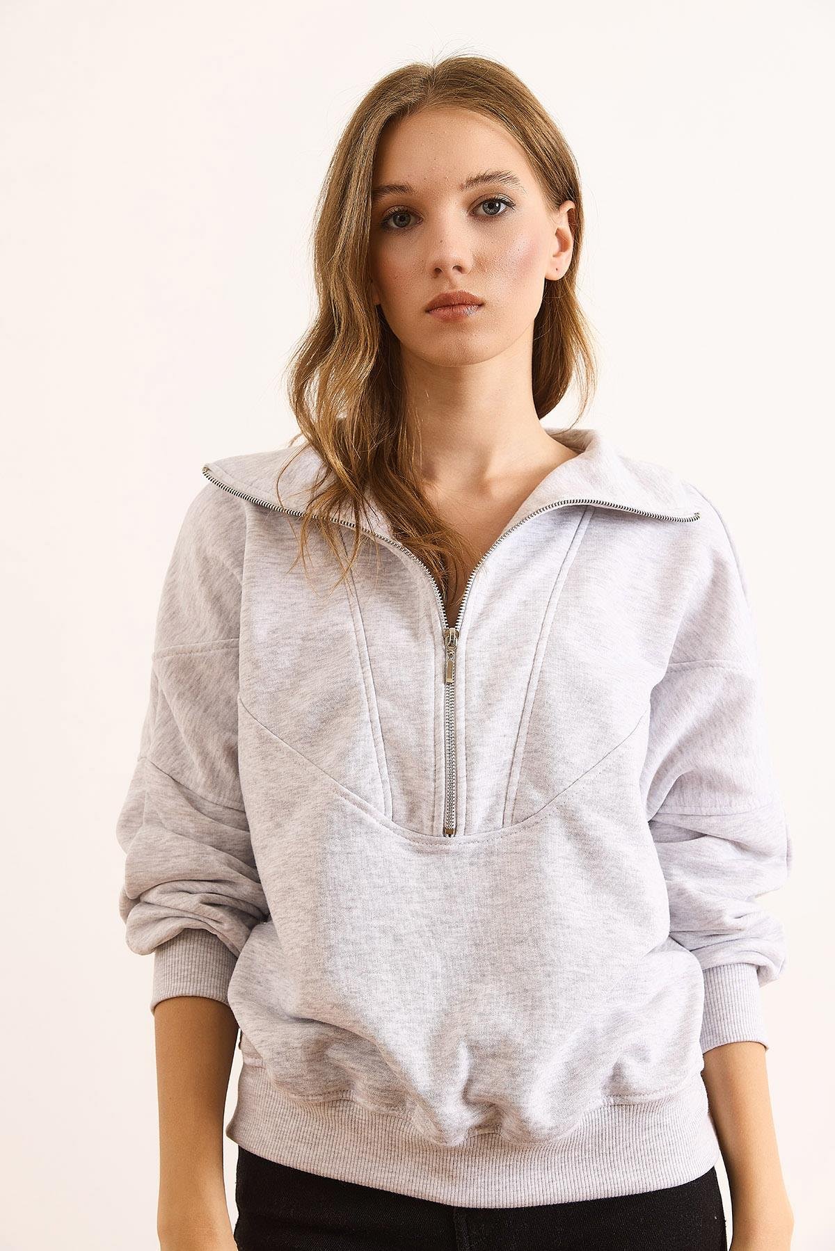 Dikiş Detaylı Fermuarlı Şardonsuz Kalın Sweatshirt Gri Melanj