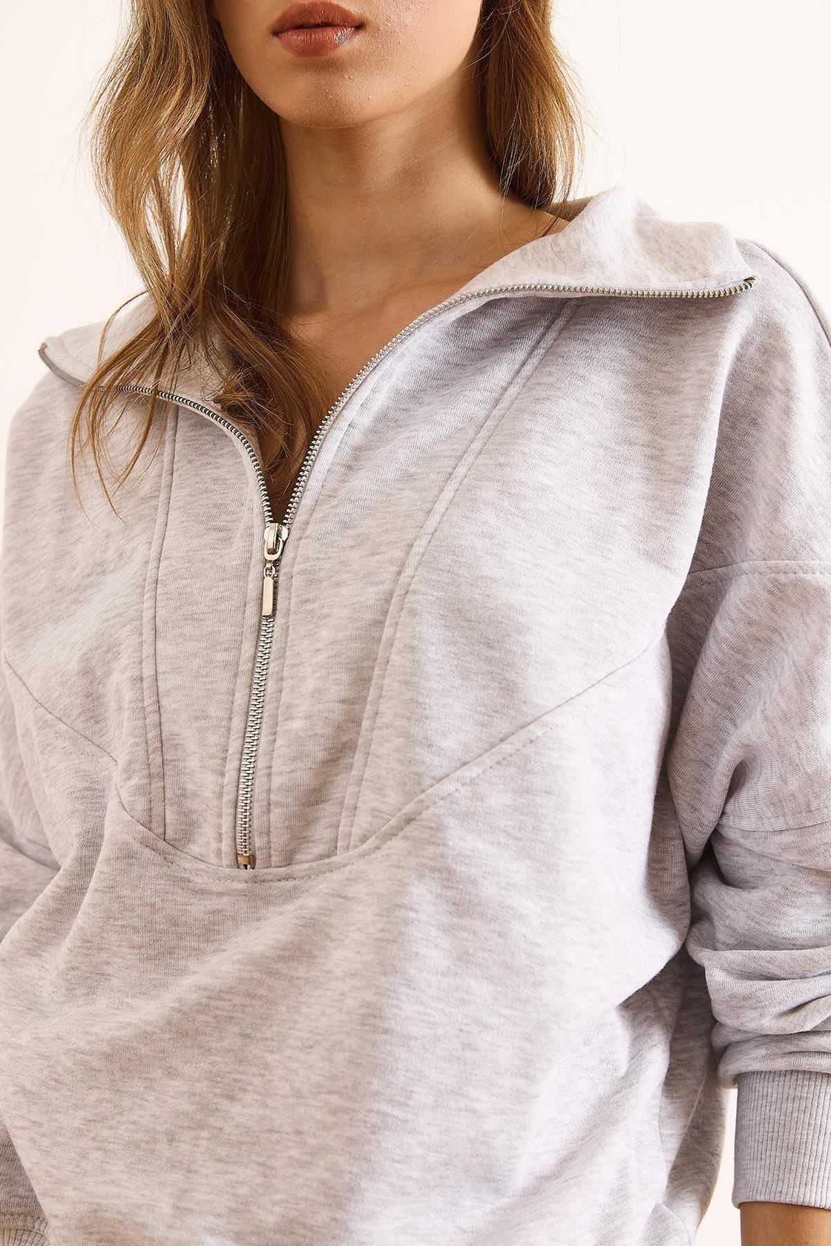 Dikiş Detaylı Fermuarlı Şardonsuz Kalın Sweatshirt Gri Melanj