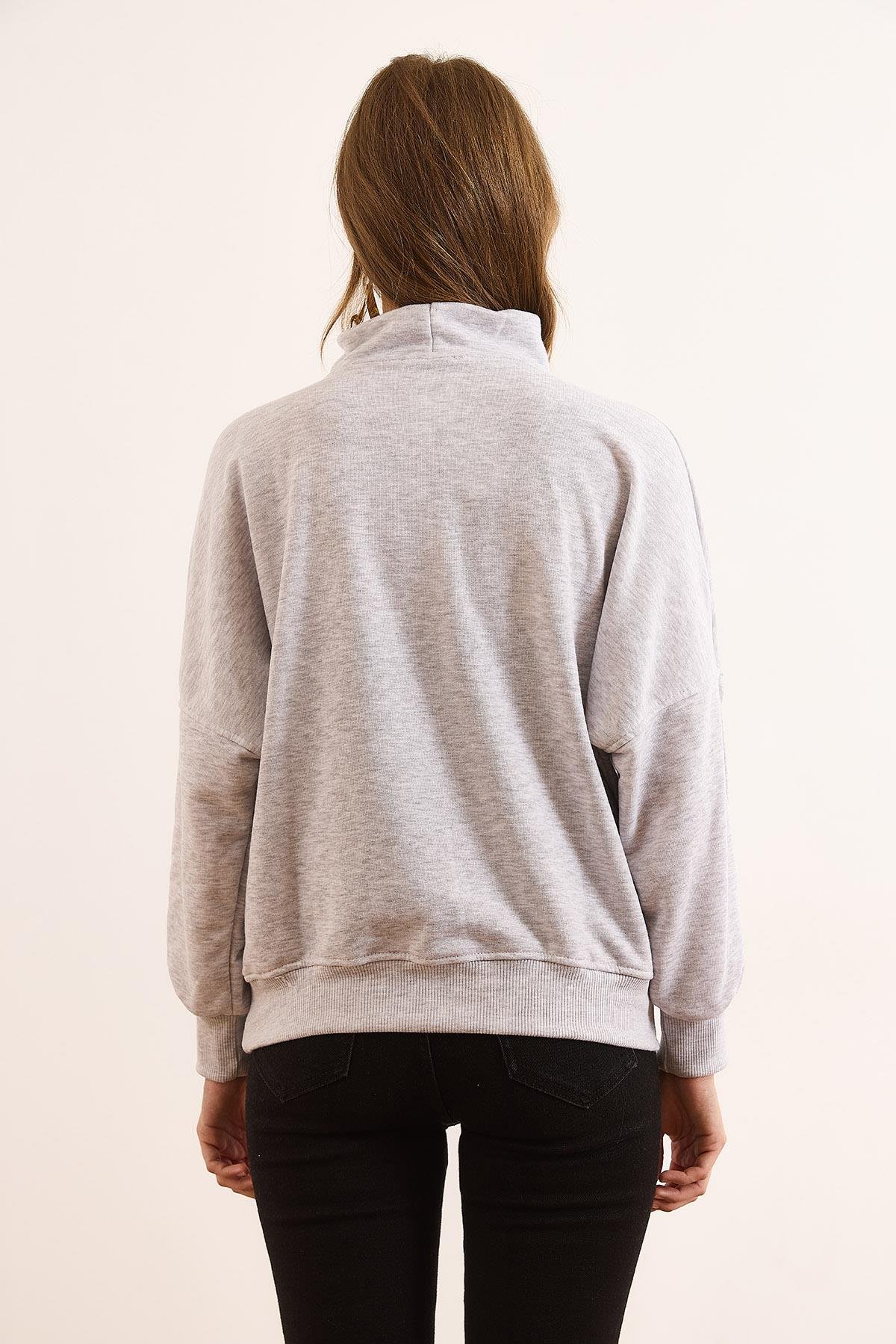 Dikiş Detaylı Fermuarlı Şardonsuz Kalın Sweatshirt Gri Melanj