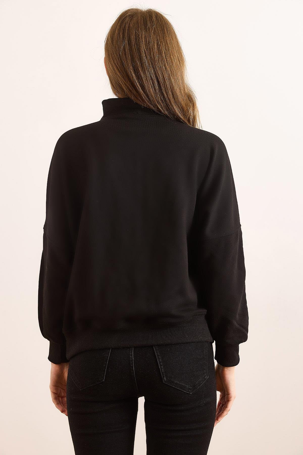 Dikiş Detaylı Fermuarlı Şardonsuz Kalın Sweatshirt Siyah