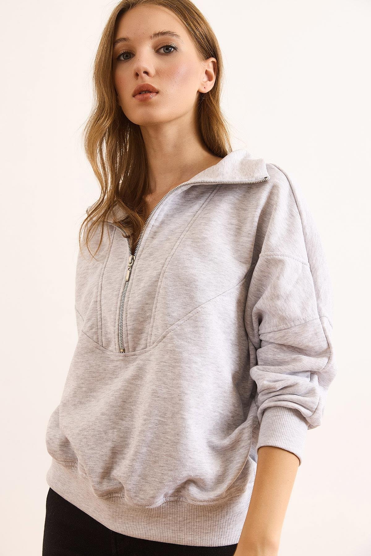 Dikiş Detaylı Fermuarlı Şardonsuz Kalın Sweatshirt Gri Melanj