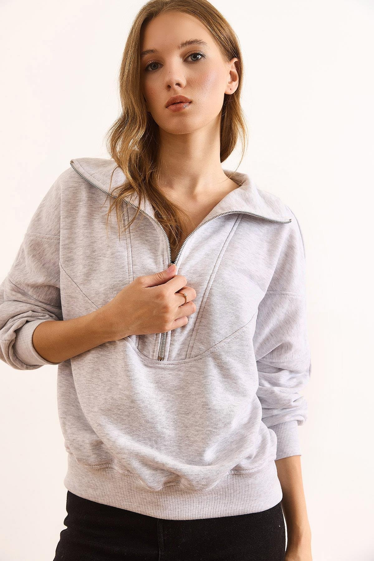 Dikiş Detaylı Fermuarlı Şardonsuz Kalın Sweatshirt Gri Melanj