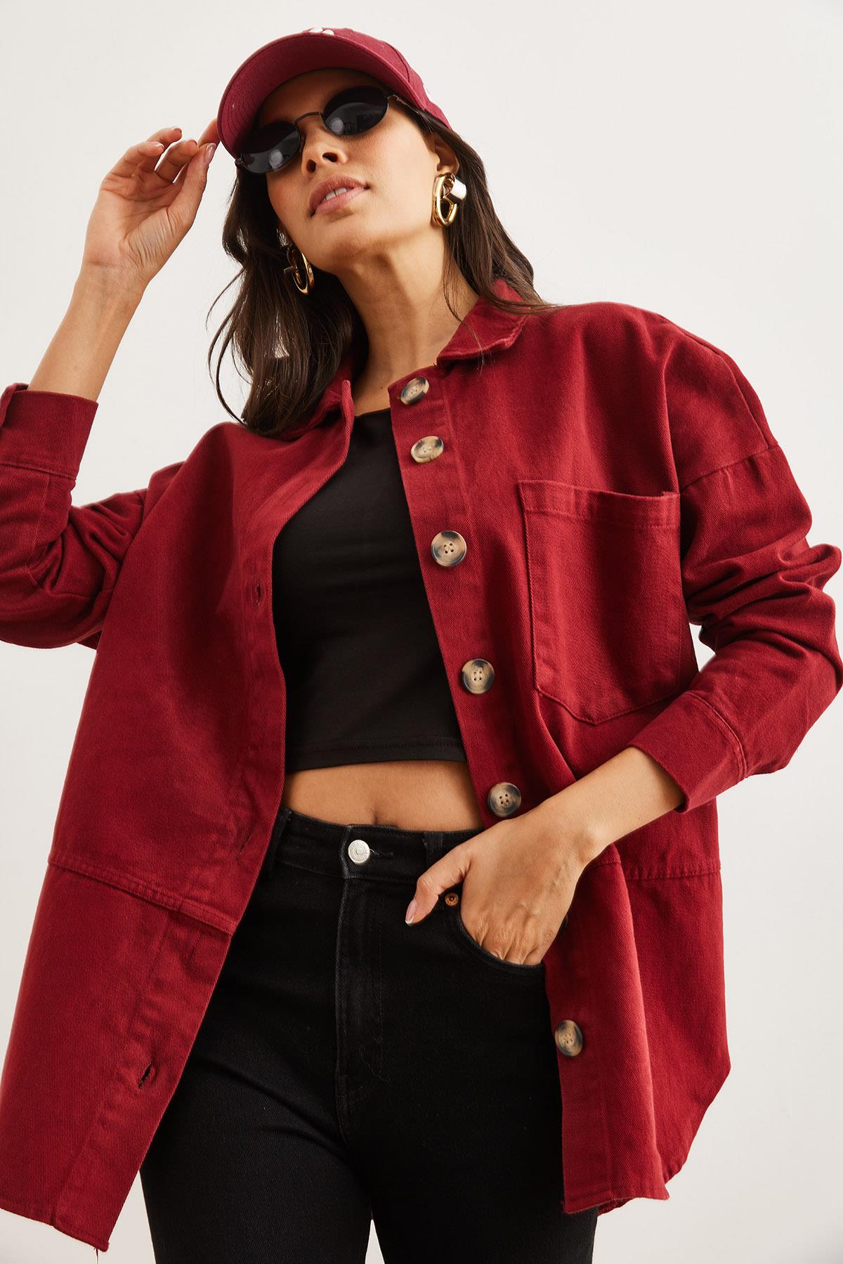Dikiş Detaylı Gabardin Gömlek Bordo