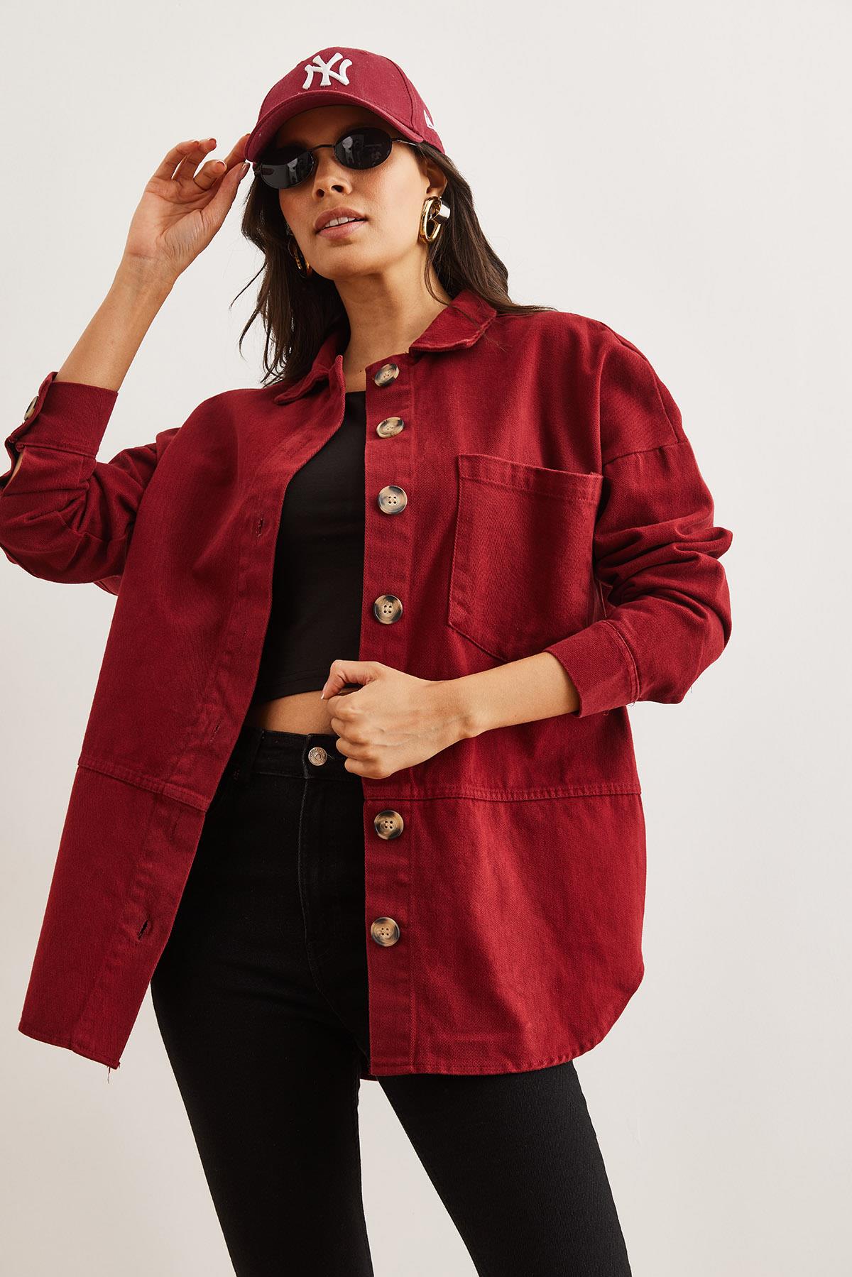 Dikiş Detaylı Gabardin Gömlek Bordo