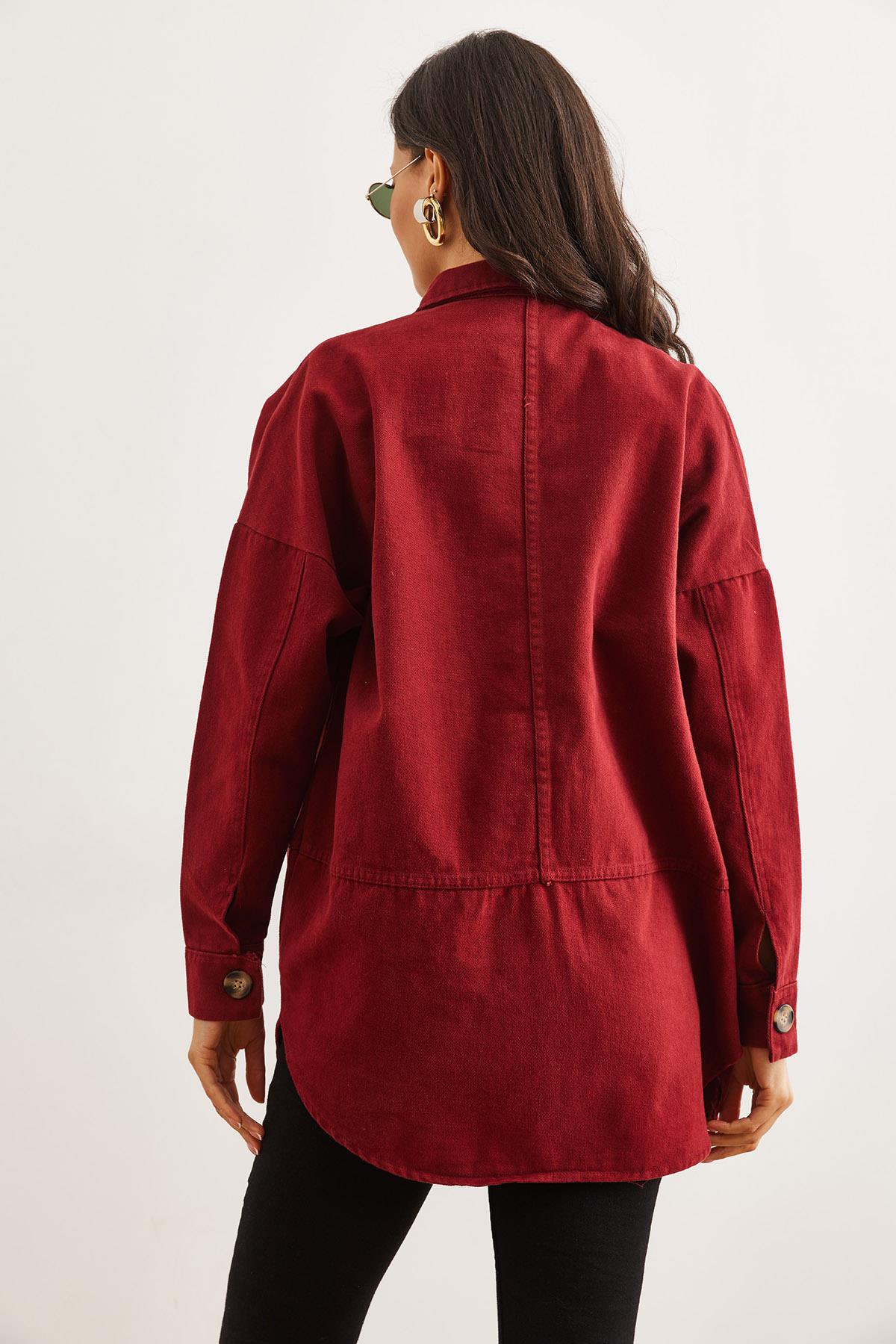 Dikiş Detaylı Gabardin Gömlek Bordo
