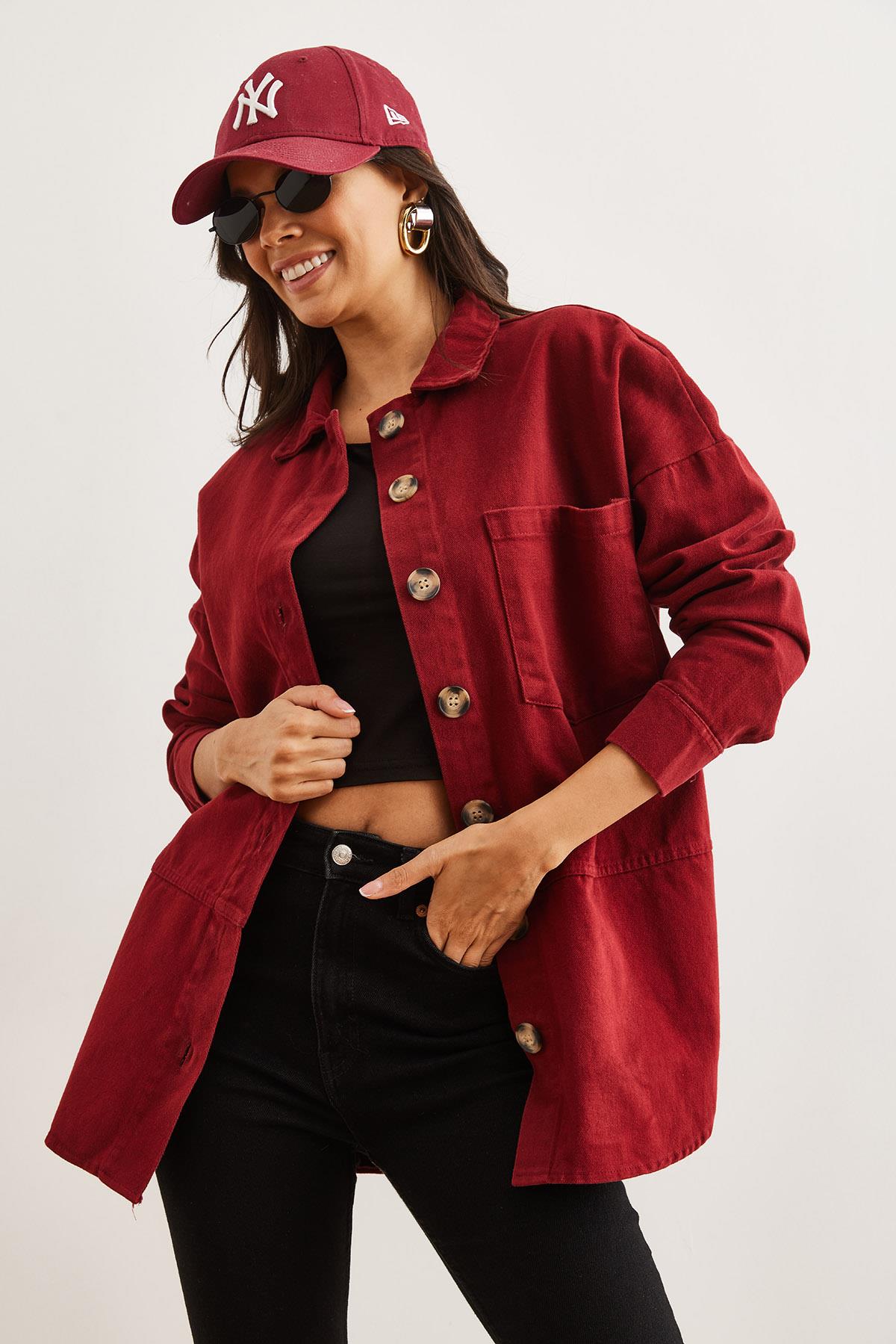 Dikiş Detaylı Gabardin Gömlek Bordo