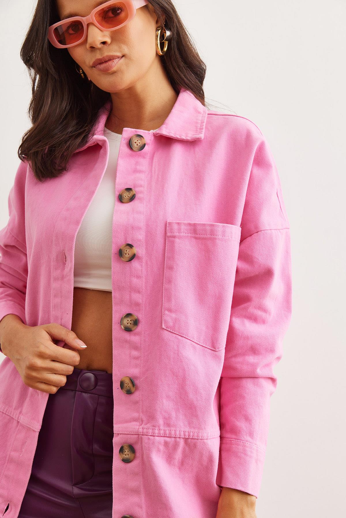 Dikiş Detaylı Gabardin Gömlek Pembe