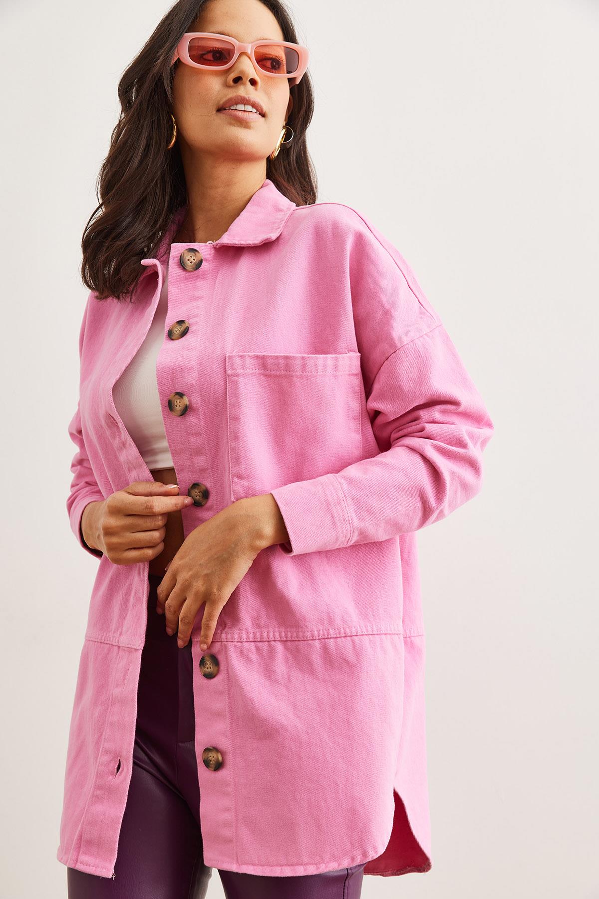 Dikiş Detaylı Gabardin Gömlek Pembe