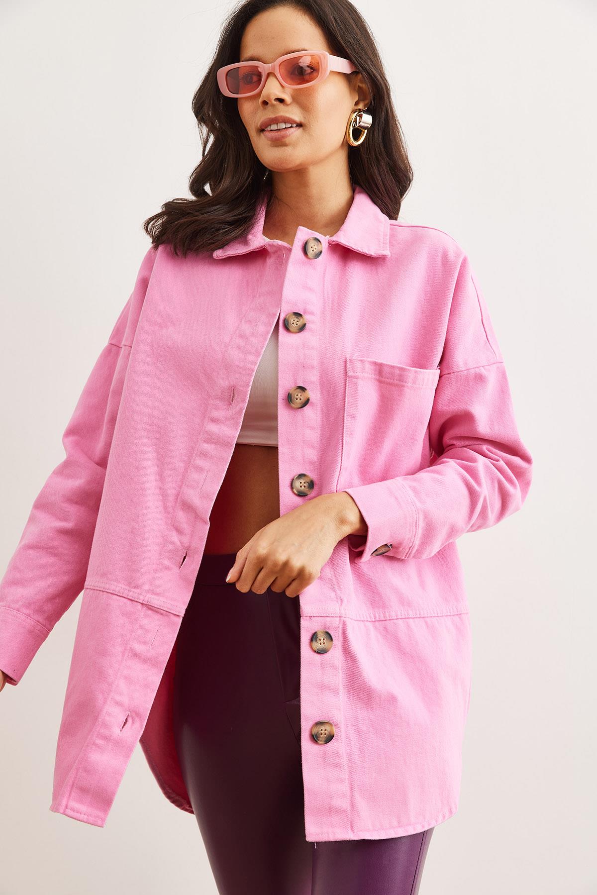 Dikiş Detaylı Gabardin Gömlek Pembe