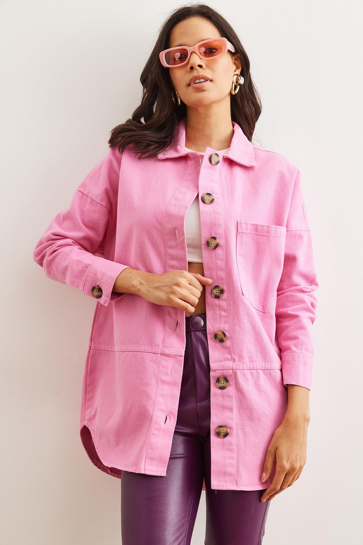 Dikiş Detaylı Gabardin Gömlek Pembe