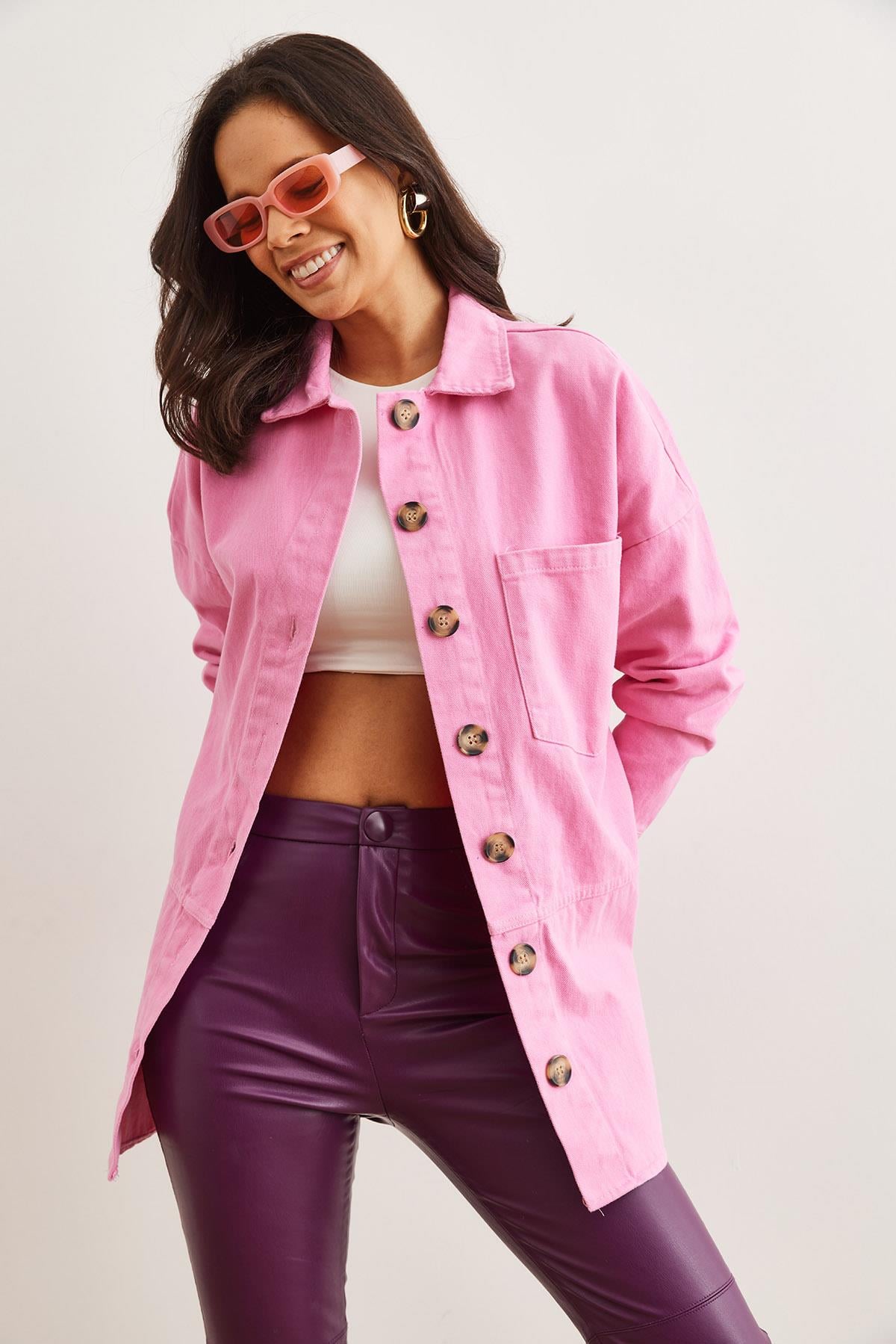 Dikiş Detaylı Gabardin Gömlek Pembe