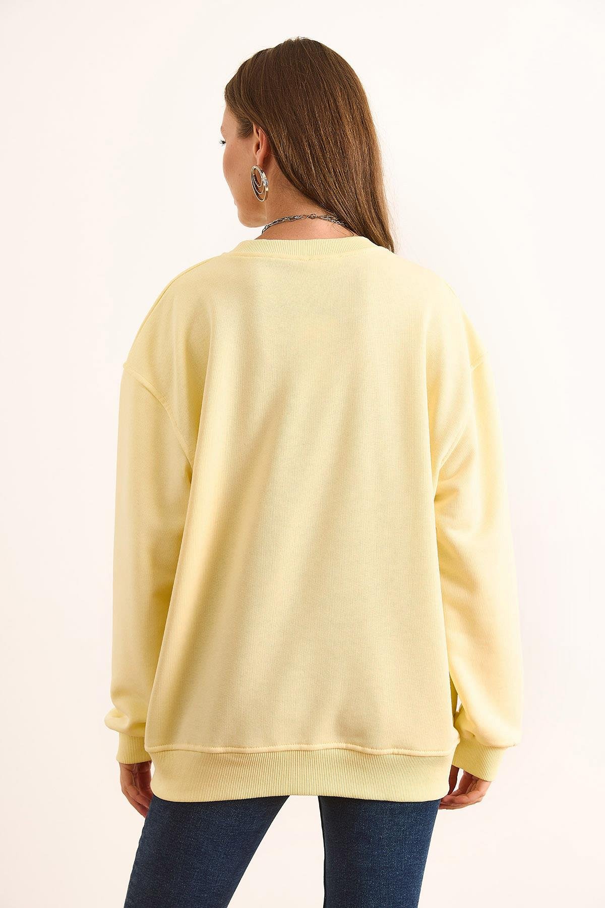 Dikiş Detaylı Kalın Şardonsuz Basic Sweatshirt Sarı