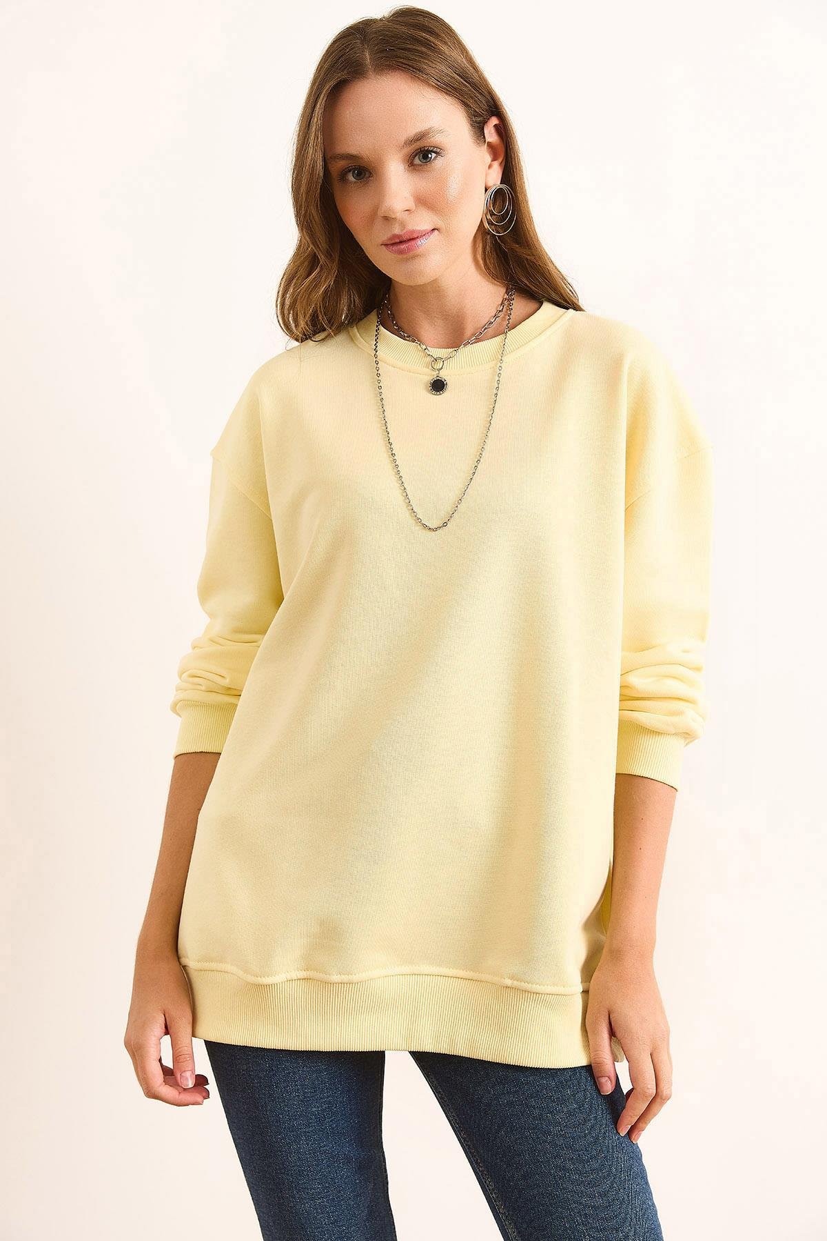 Dikiş Detaylı Kalın Şardonsuz Basic Sweatshirt Sarı