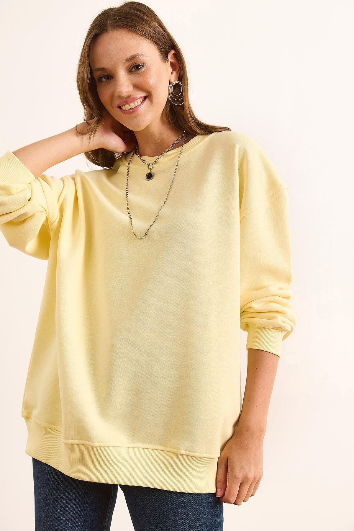 Dikiş Detaylı Kalın Şardonsuz Basic Sweatshirt Sarı