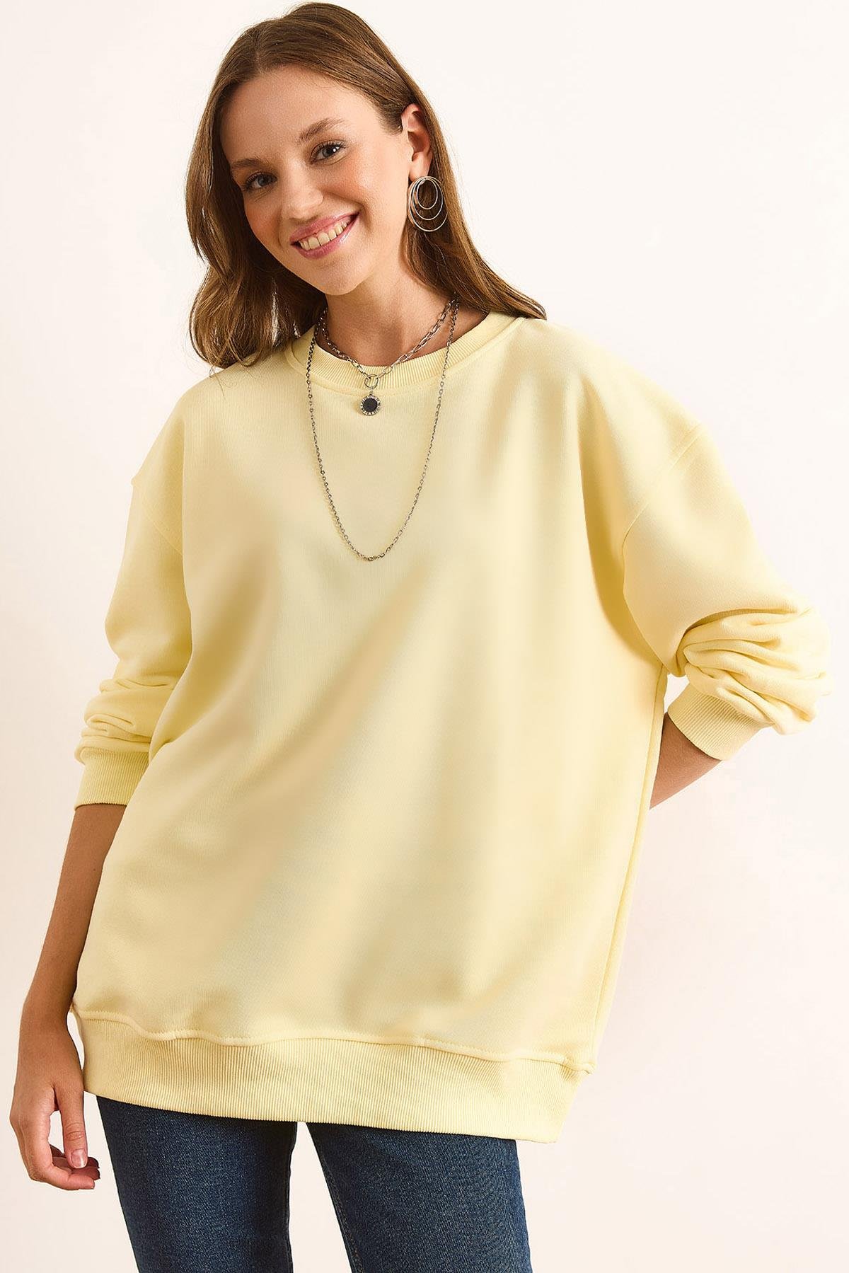 Dikiş Detaylı Kalın Şardonsuz Basic Sweatshirt Sarı