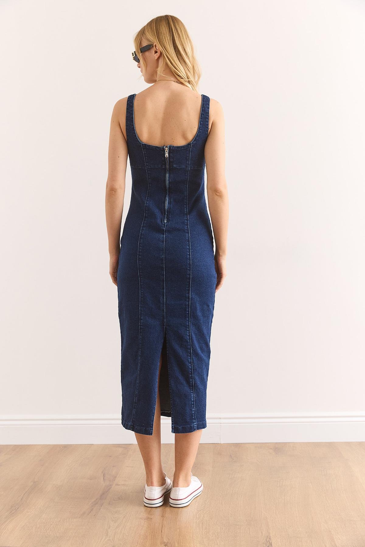 Dikiş Detaylı Yırtmaçlı Likralı Midi Denim Elbise Lacivert