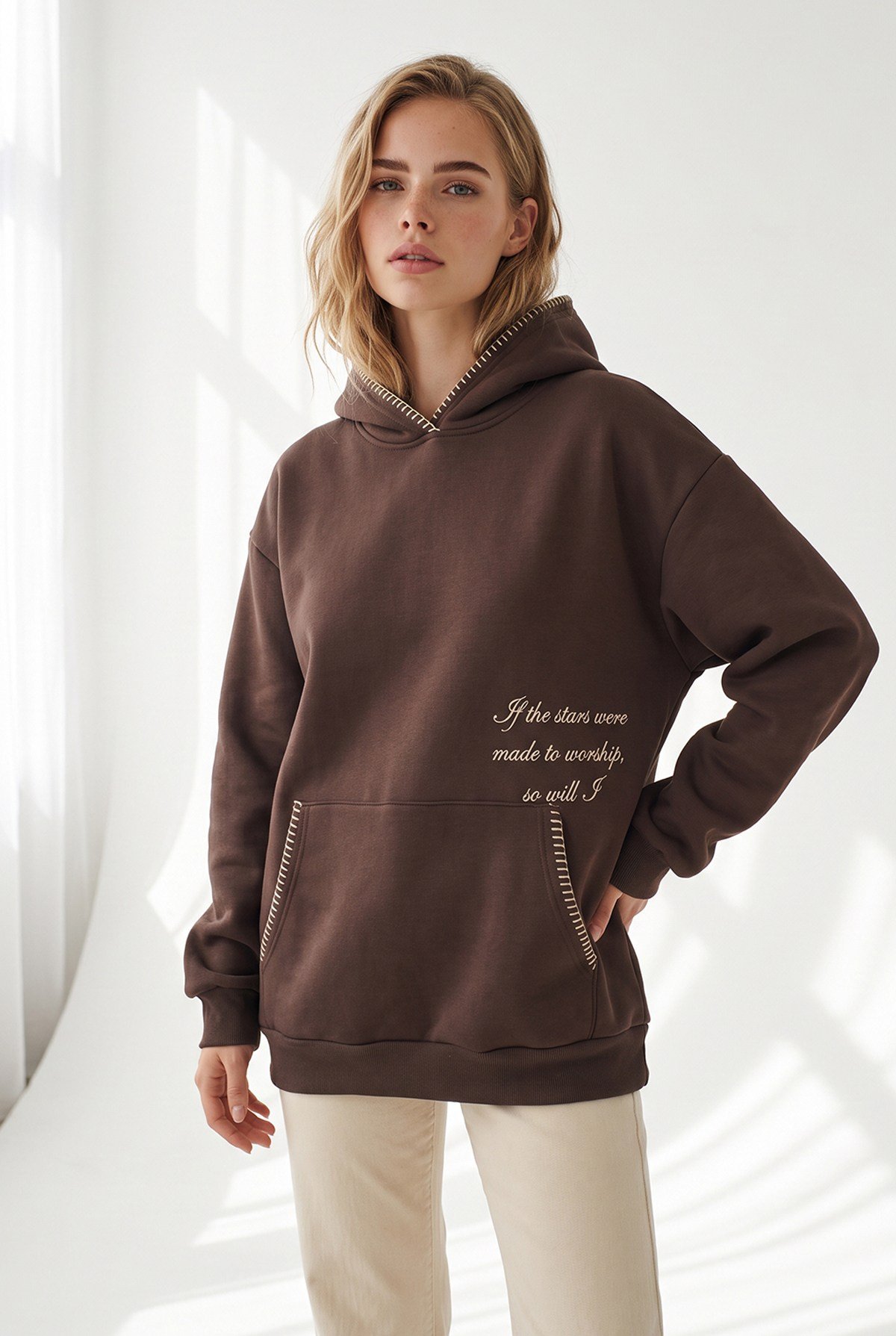 Dikiş Detaylı Yumuşak Dokulu Şardonlu Sweatshirt Kahverengi